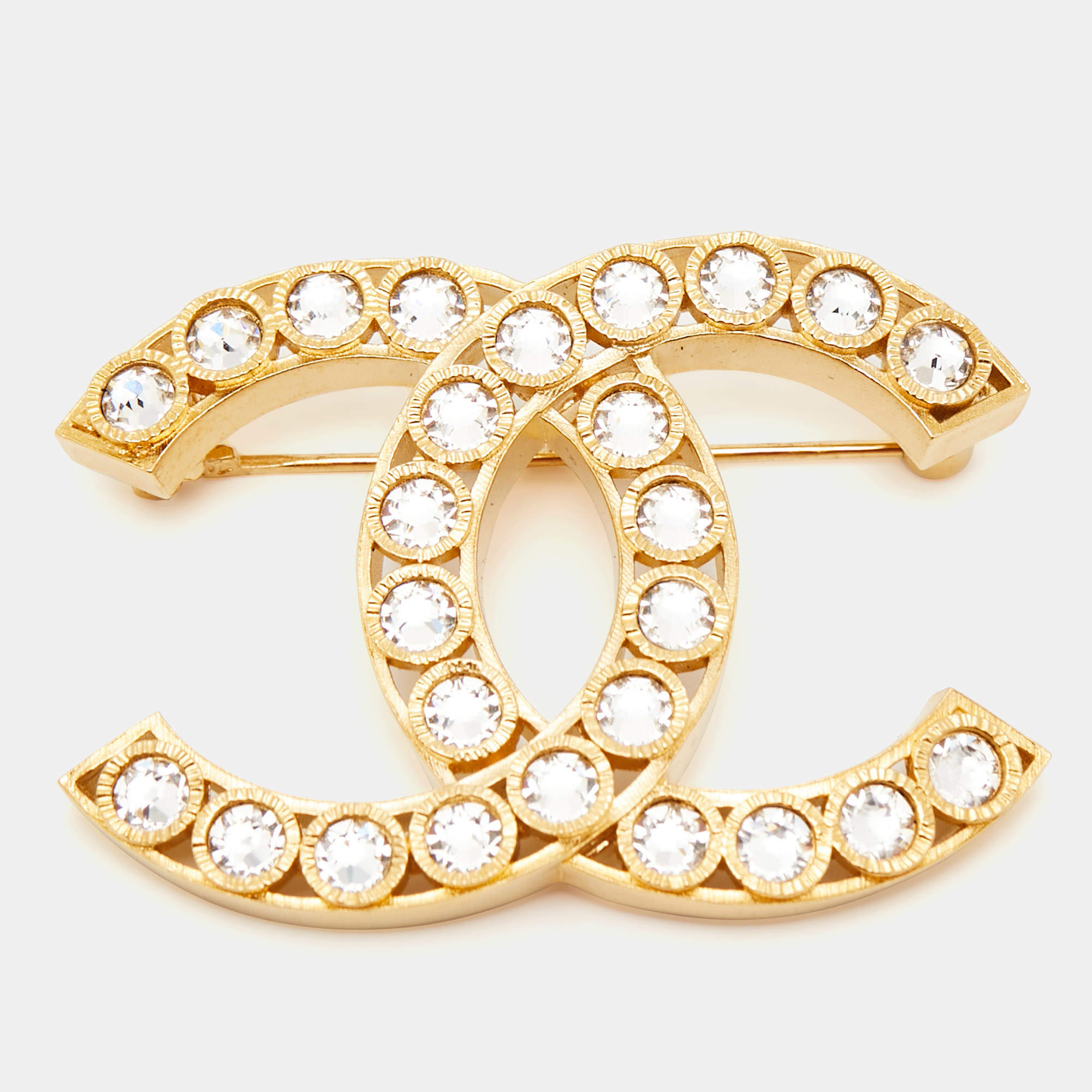 Pre Owned Chanel CC Crystal Gold Tone Brooch