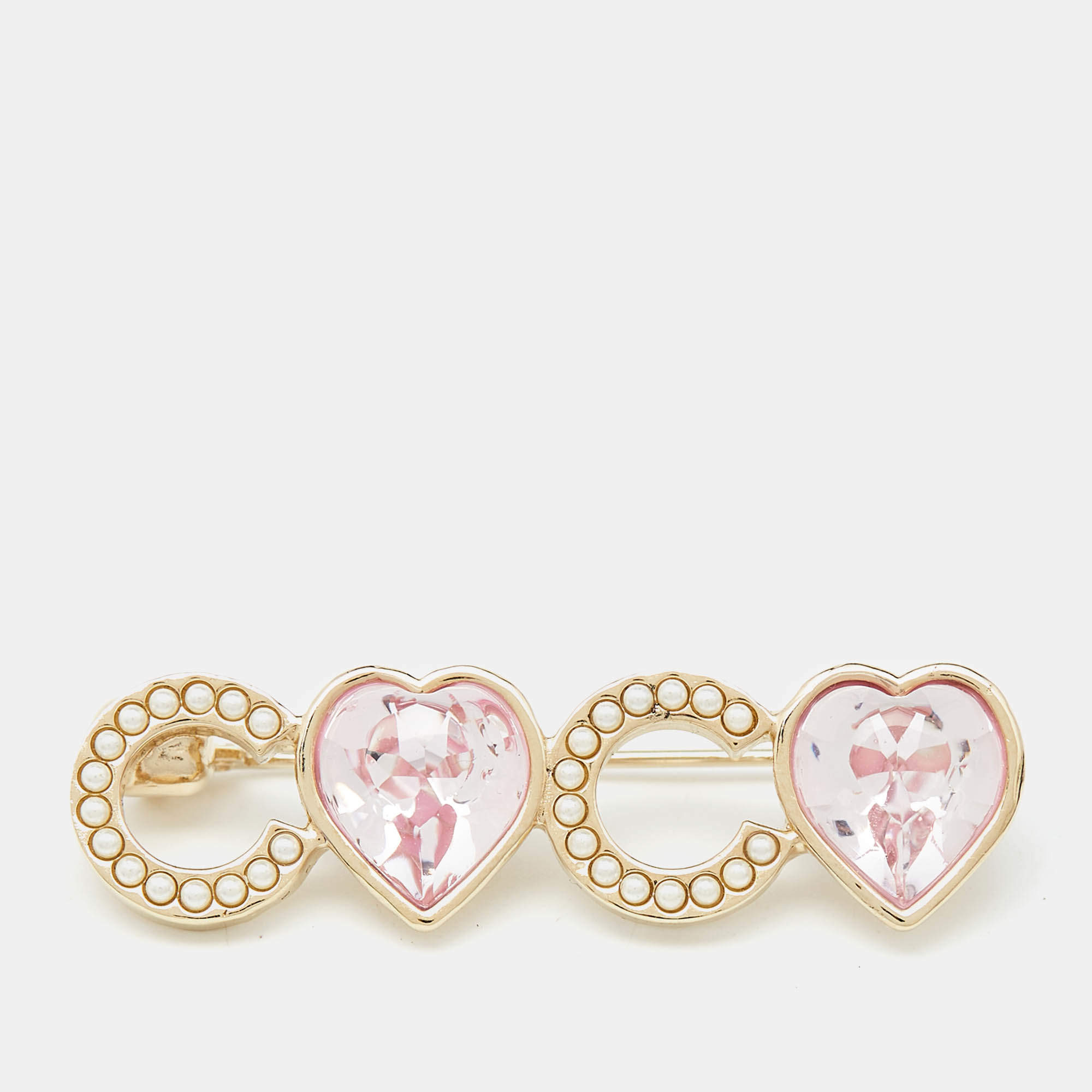 Pre Owned Chanel Coco Faux Pearl Resin Gold Tone Brooch