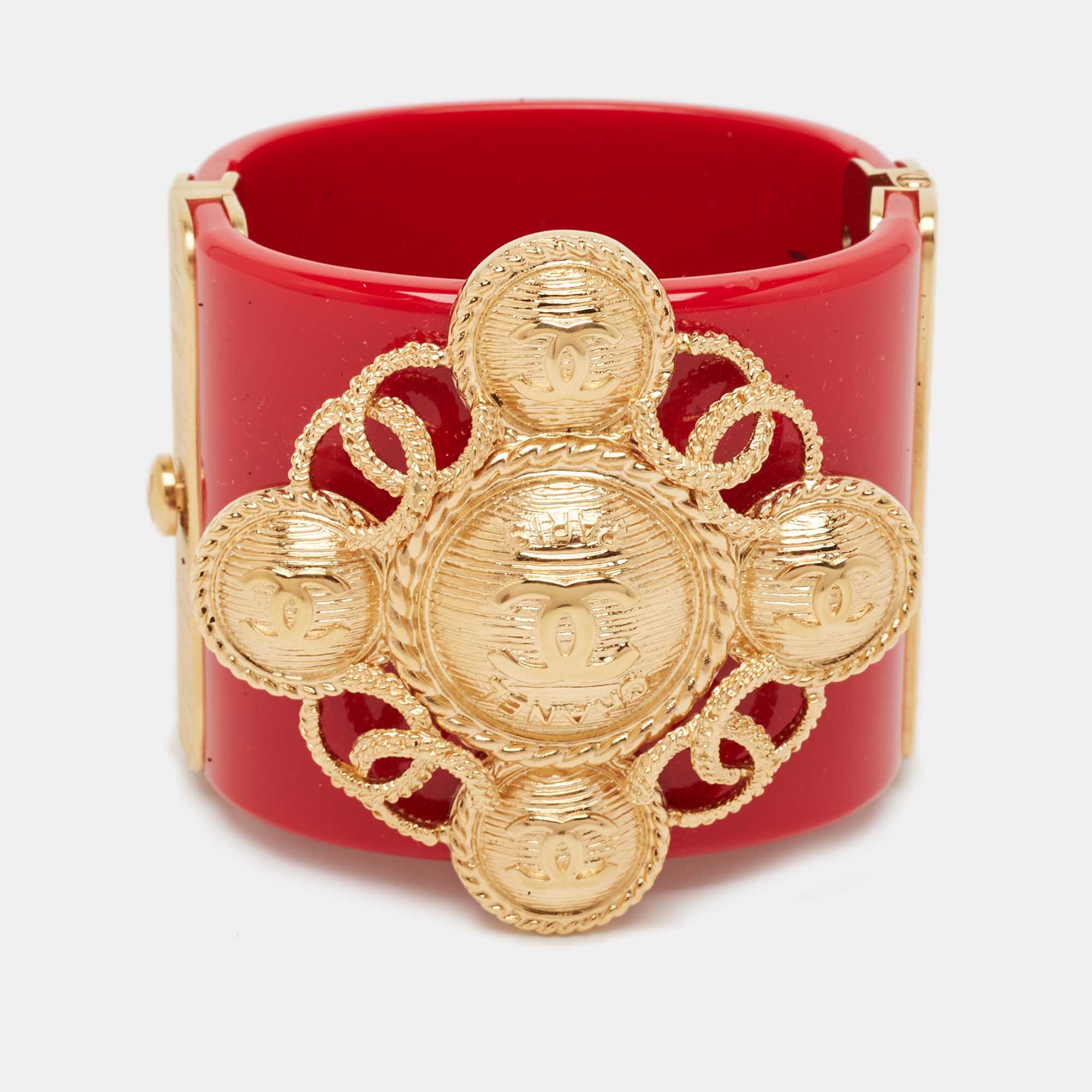 Pre Owned Chanel  CC Red Resin Gold Tone Cuff Bracelet