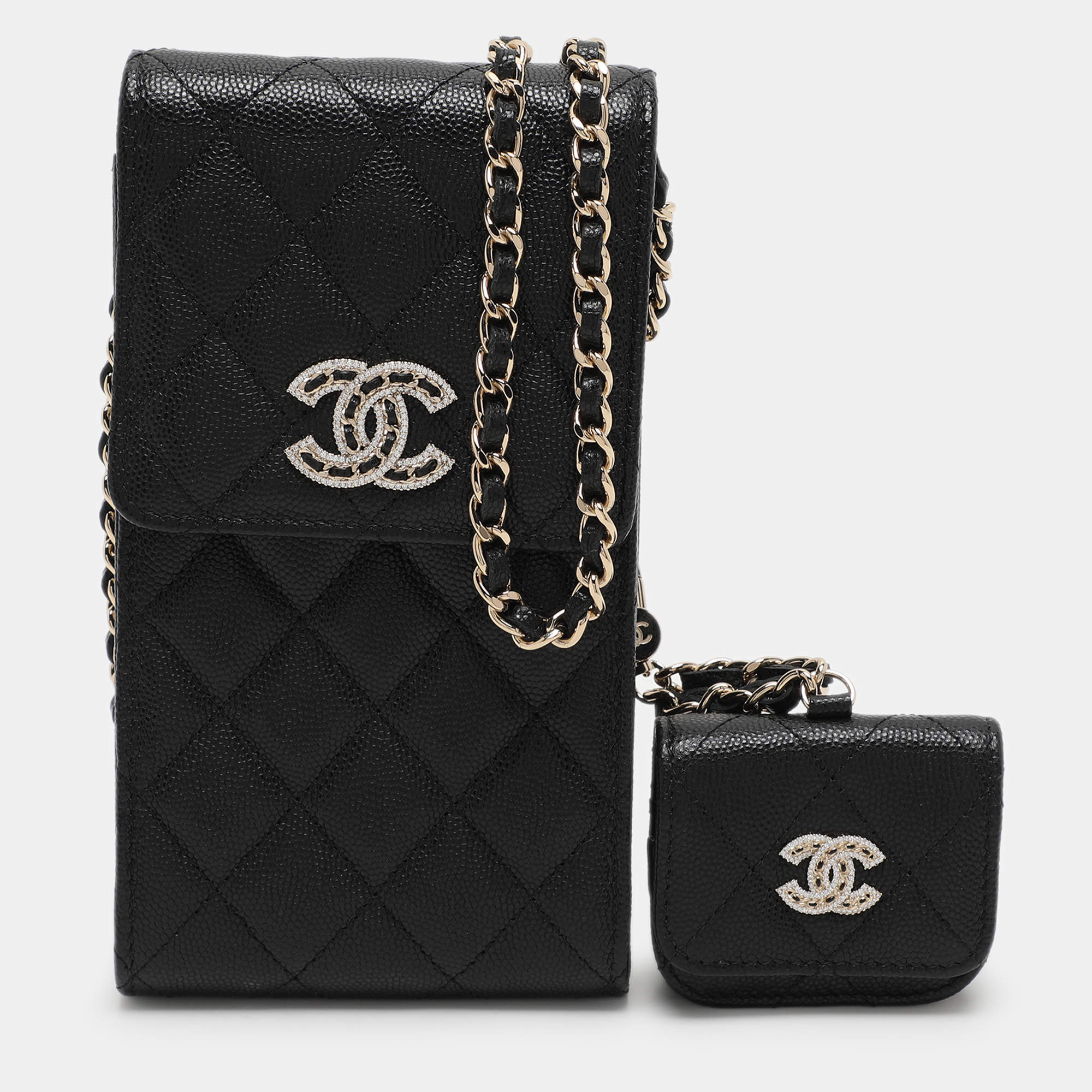 Pre Owned Chanel Black Quilted Caviar Leather Crystal CC Phone Holder