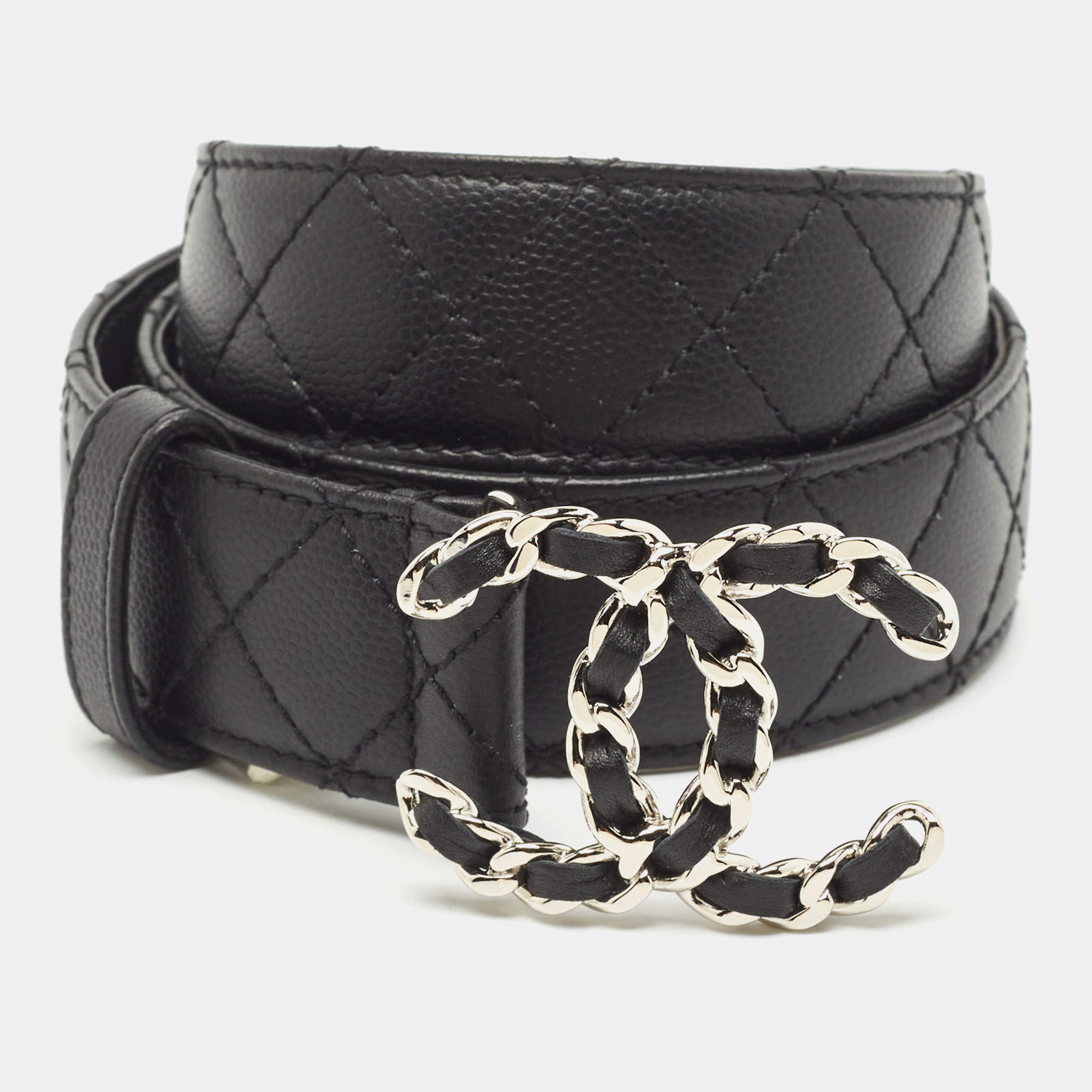 Pre Owned Chanel Black Quilted Leather CC Chain Buckle Belt 85CM