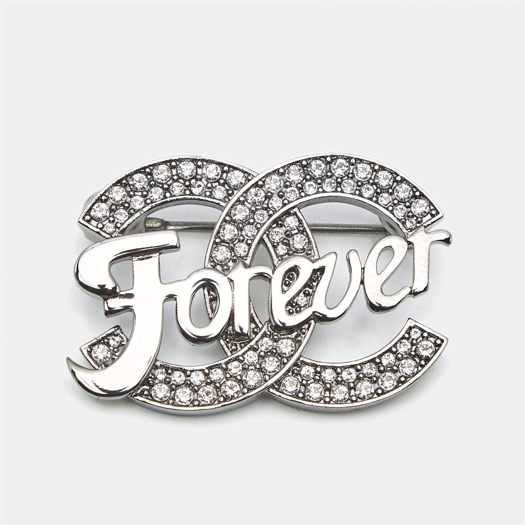 Pre Owned Chanel  CC Forever Crystals Gunmetal Tone Brooch