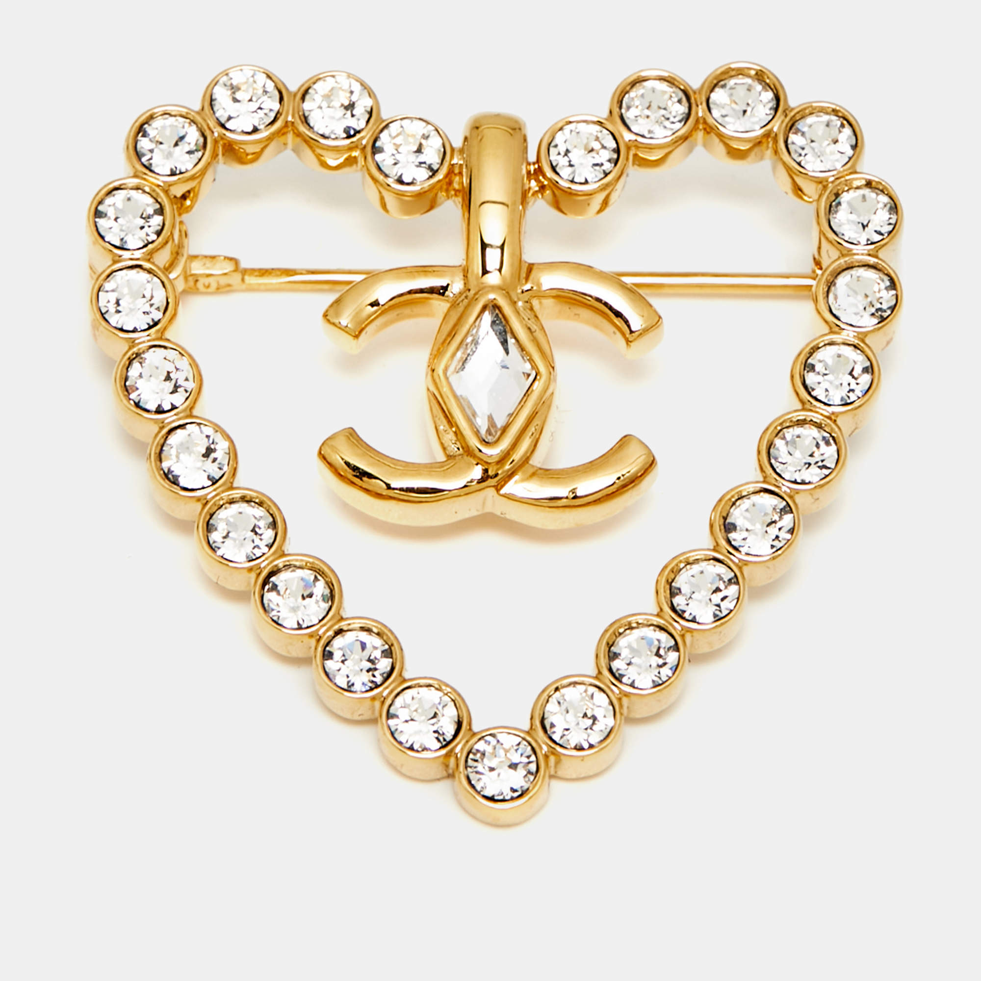 Pre Owned Chanel CC Heart Crystals Gold Tone Brooch