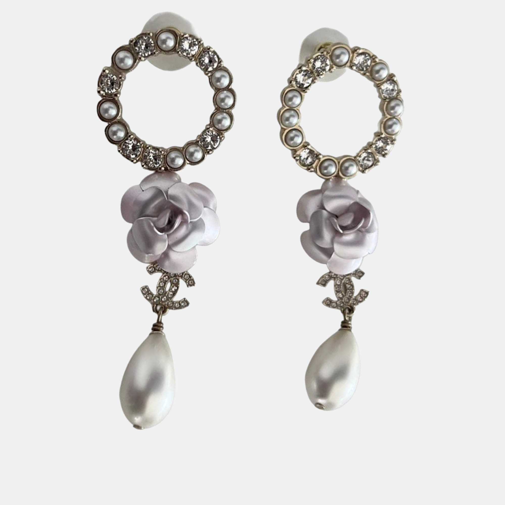 Pre Owned Chanel Camilia CC Crystal/Pearl Round Dangle Large Earring