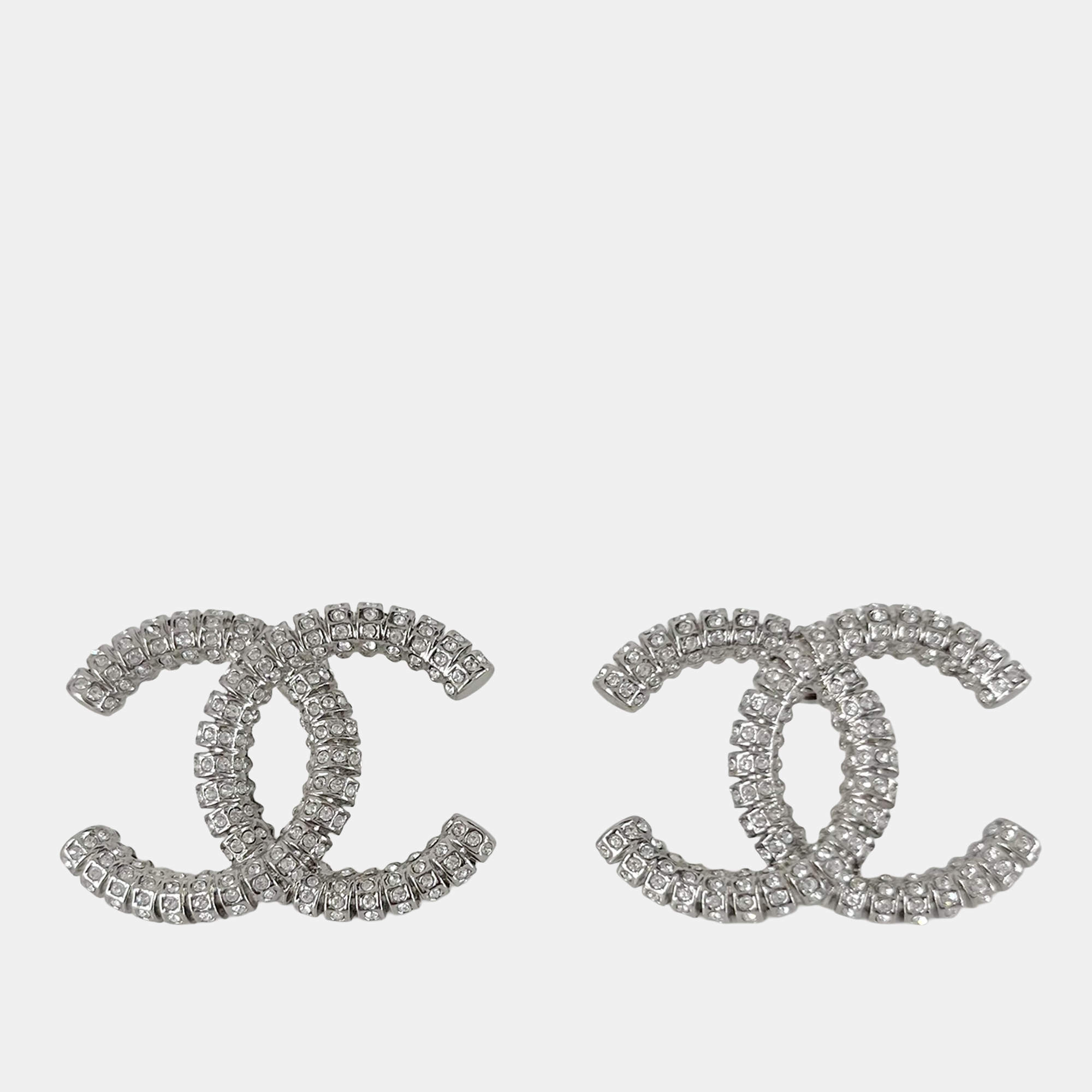 Pre Owned Chanel CC Silver crystal embellished large earring