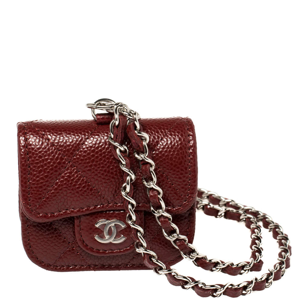 Chanel Red Quilted Caviar Leather AirPods Pro Case on Chain