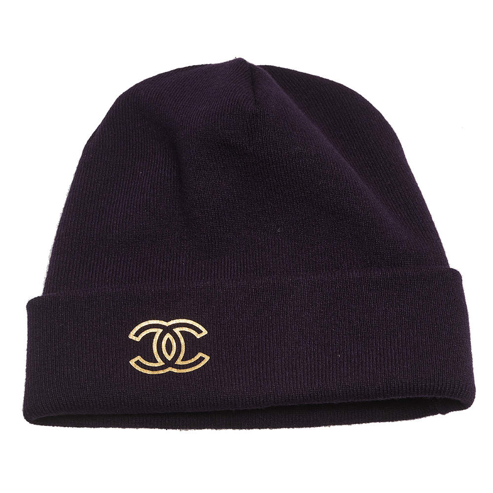 Pre Owned Chanel Purple Metallic CC Printed Cashmere Beanie