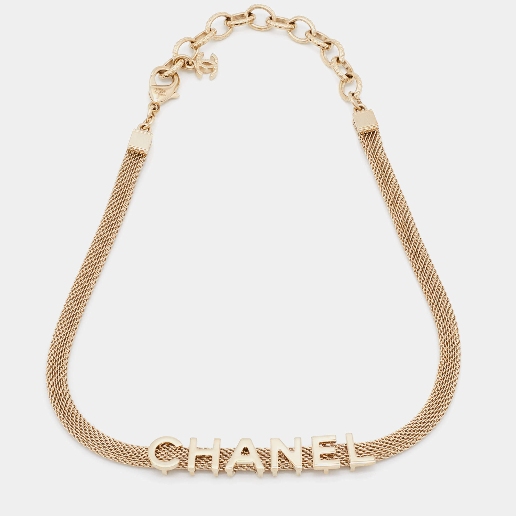 Chanel Gold Tone Logo Mesh Choker Necklace Chanel