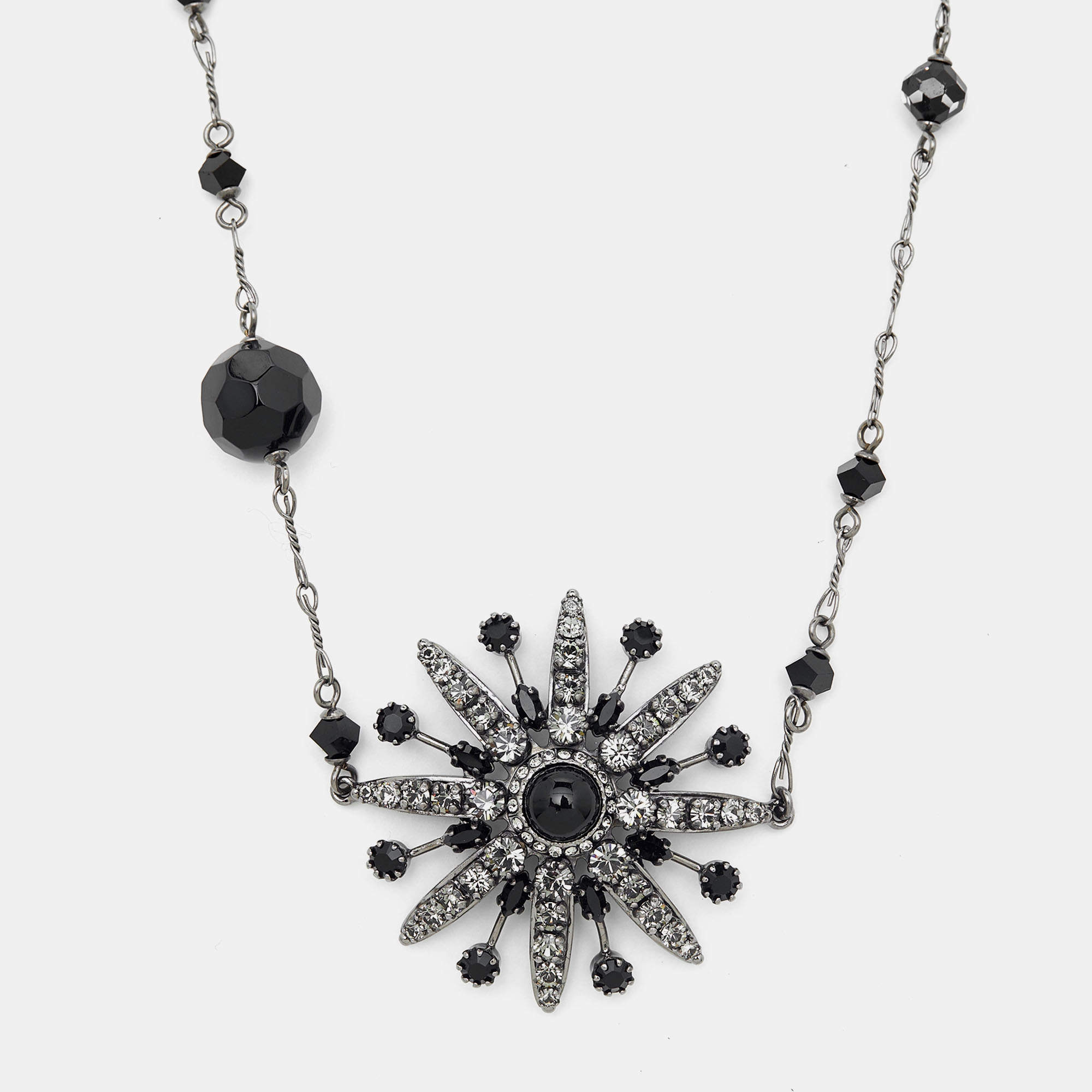 Chanel Crystal Flower & CC Gunmetal Tone Chain Necklace