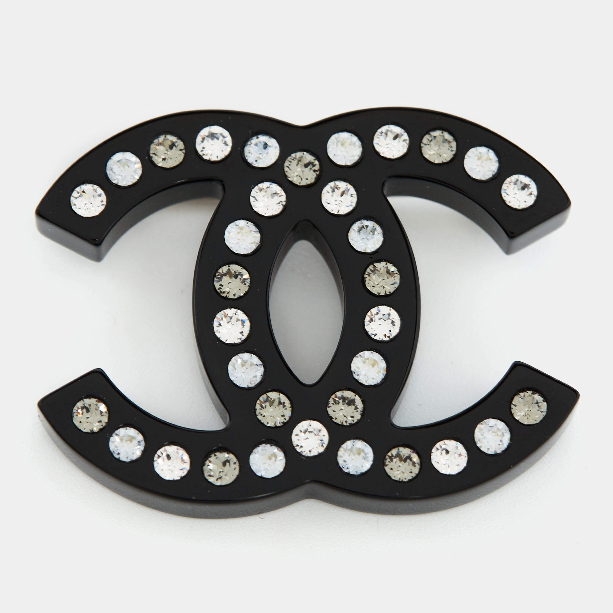 Pre Owned Chanel CC Black Resin Crystal Silver Tone Brooch