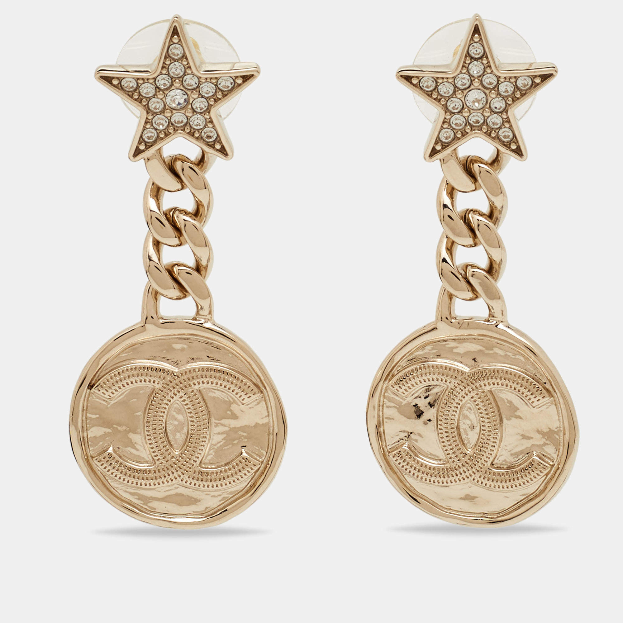 Pre Owned Chanel CC Strass Crystal Gold Tone Earrings