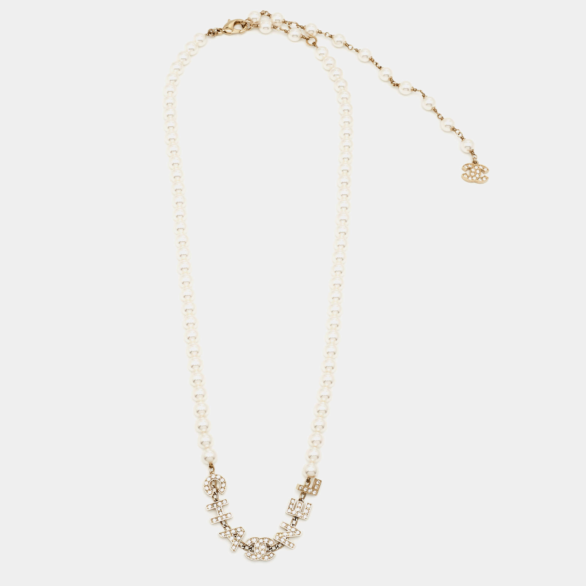 Chanel CC Faux Pearl Crystal Gold Tone Necklace