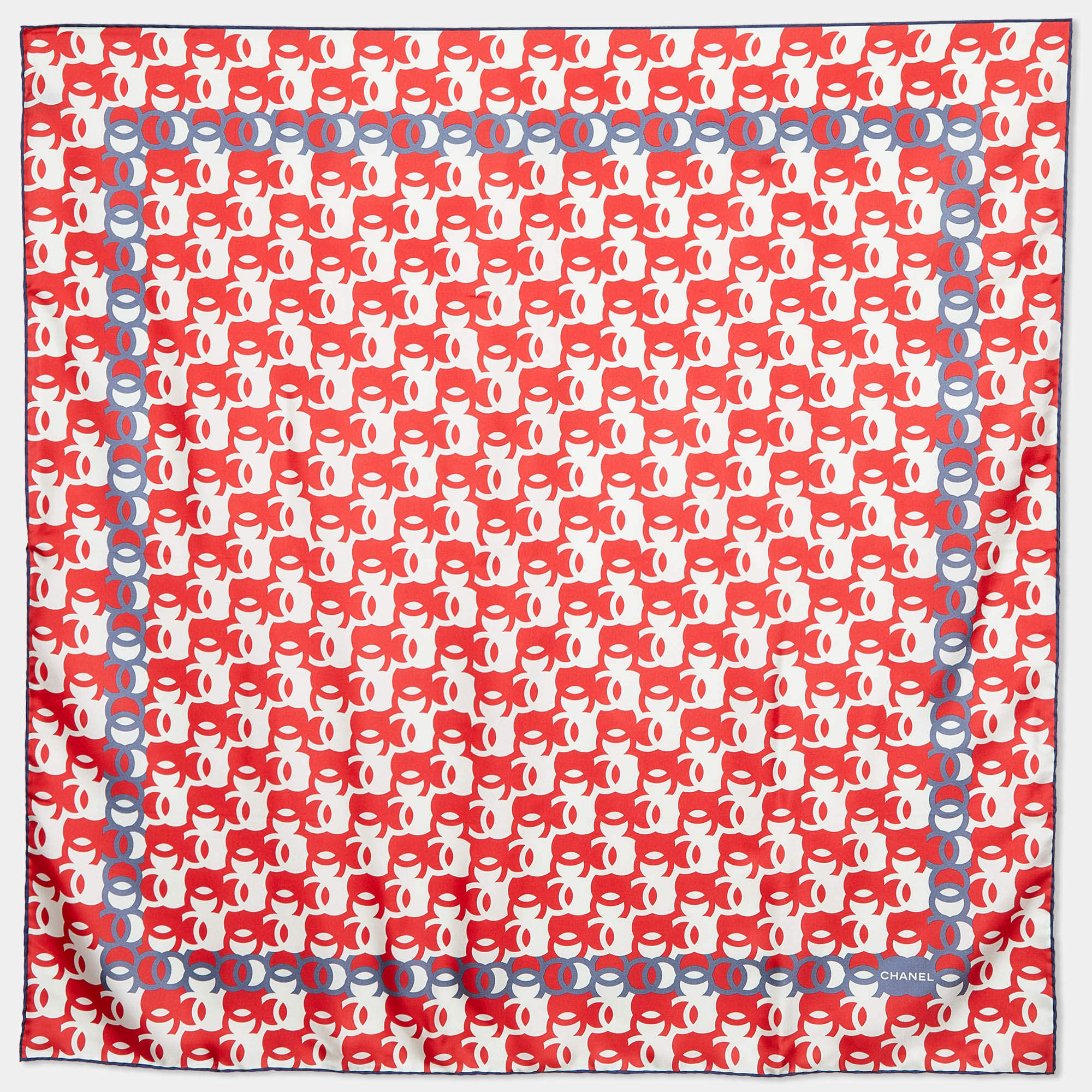 Pre Owned Chanel Red Tricolor CC Print Silk Square Scarf