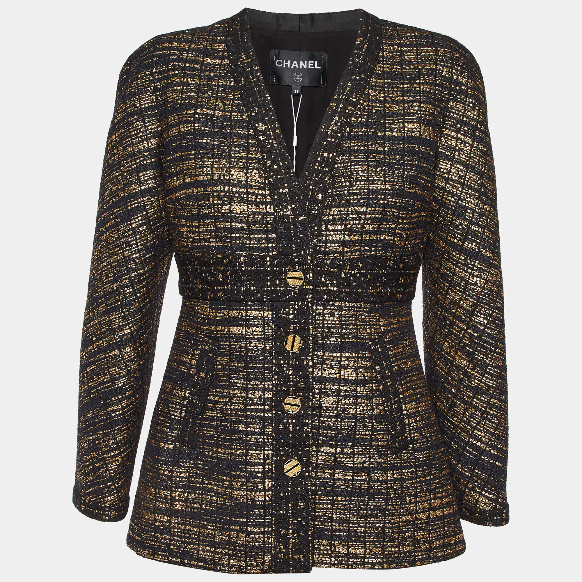 Pre Owned Chanel Black Metallic Tweed Button Front Jacket M