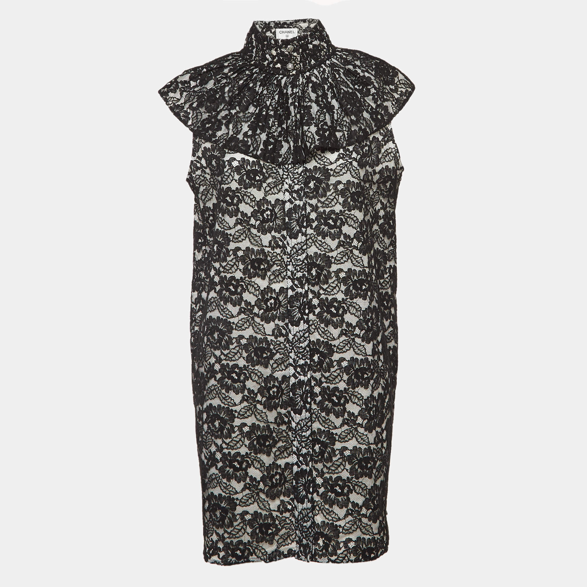 Chanel Black Floral Lace Ruffled High Neck Mini Dress L