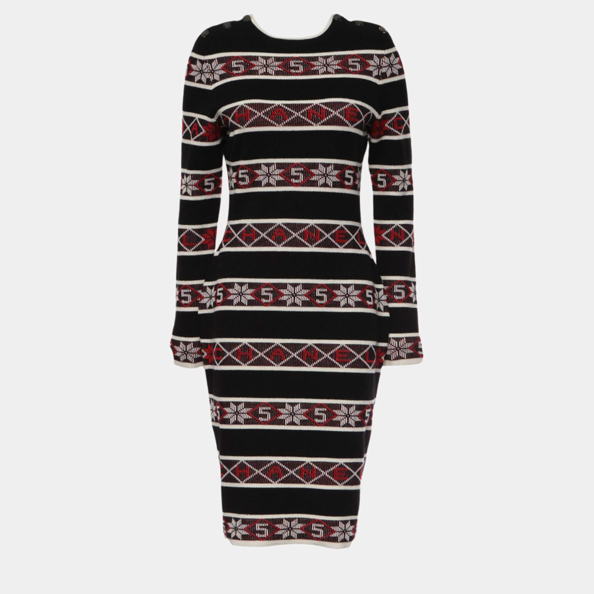 Pre Owned  Chanel Multicolour Stripes Logo Knit Dress M
