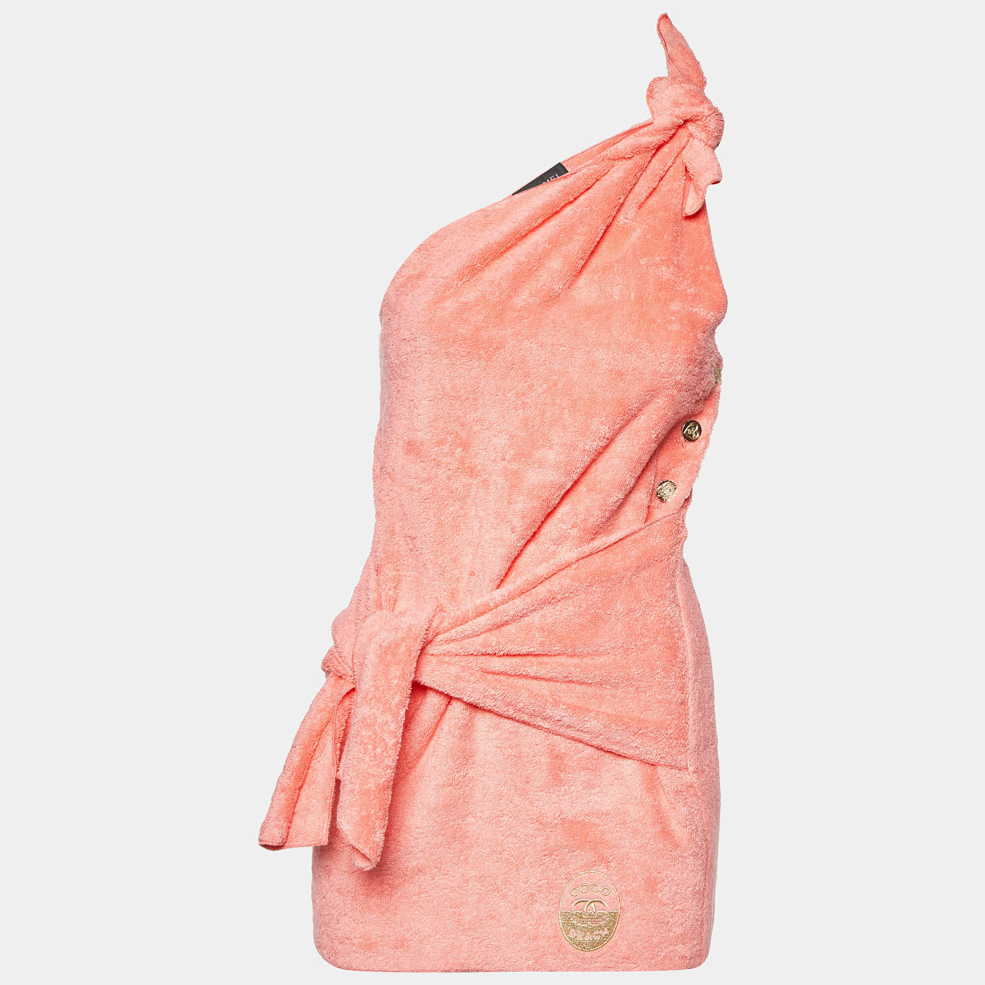 Pre Owned Chanel Coral Pink Terry One-Shoulder Cover-Up Mini Dress M