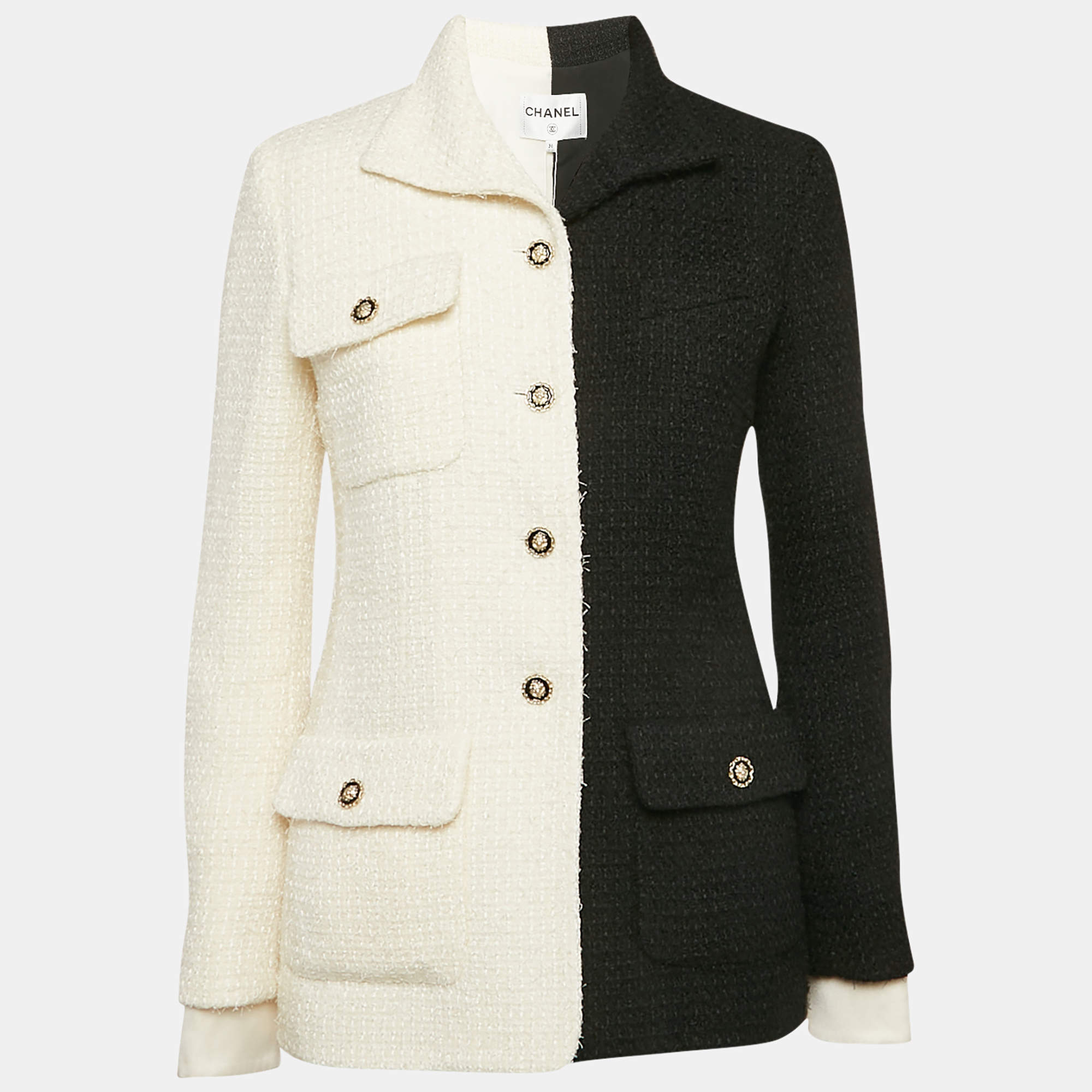 Chanel White/Black Tweed Button Front Jacket S