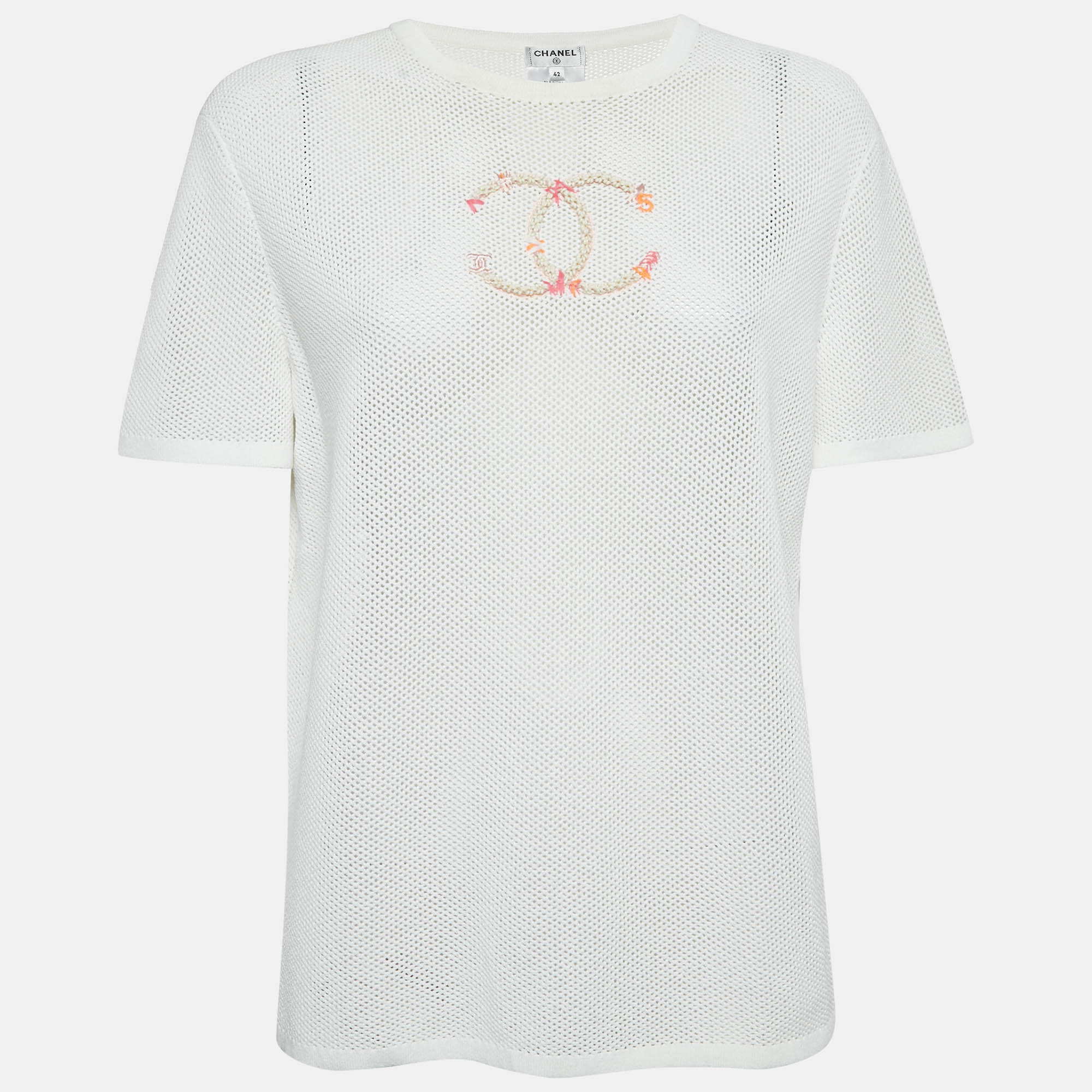 Chanel White CC Embroidered Mesh Sheer T-Shirt L