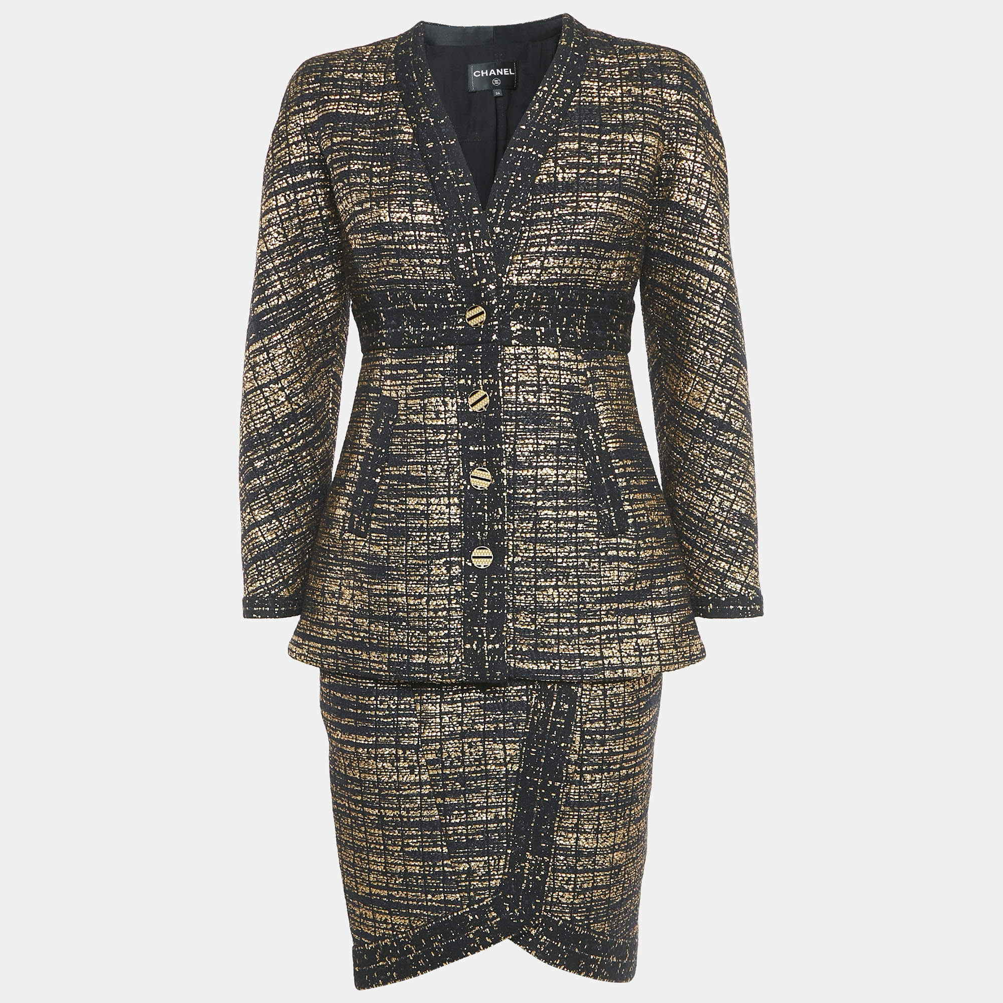 Chanel Black/Gold Tweed Jacket and Skirt Set S
