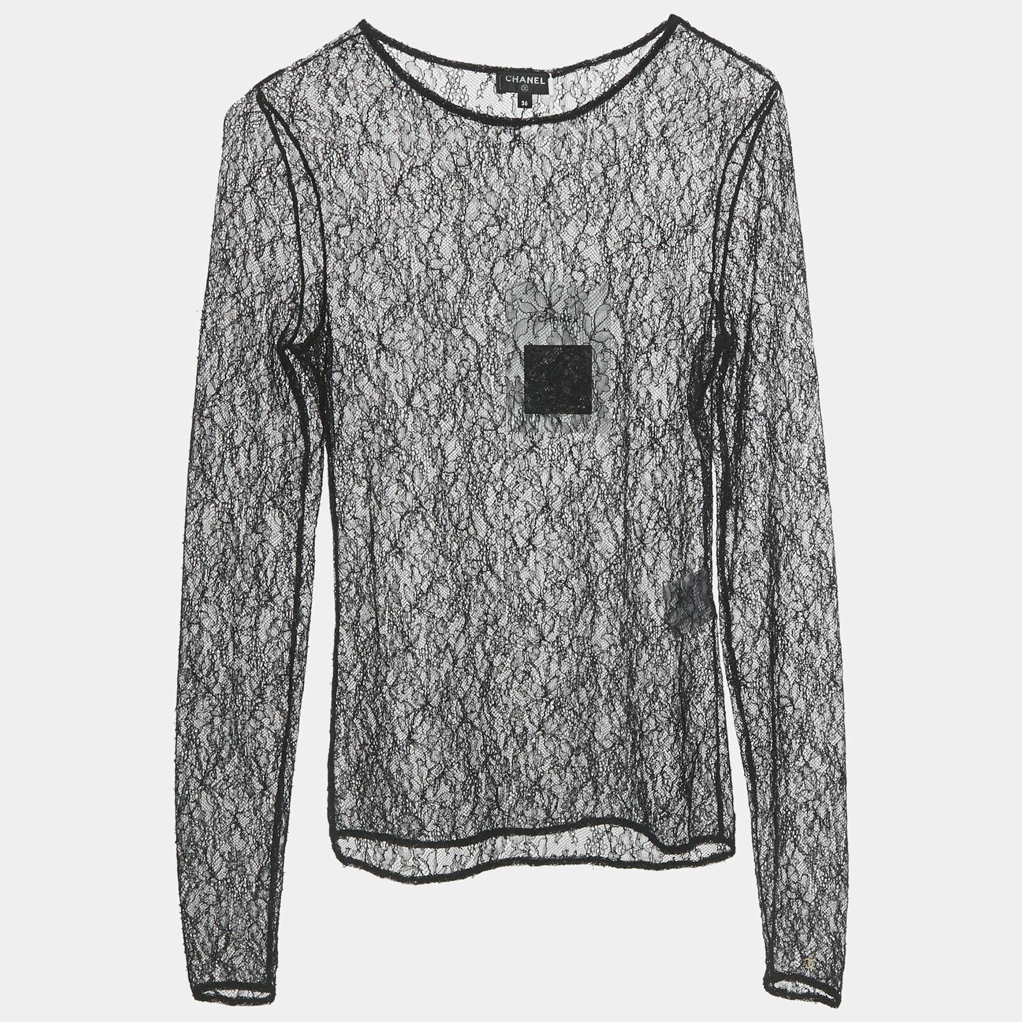 Pre Owned Chanel Black Lace Sheer Fitted Top S