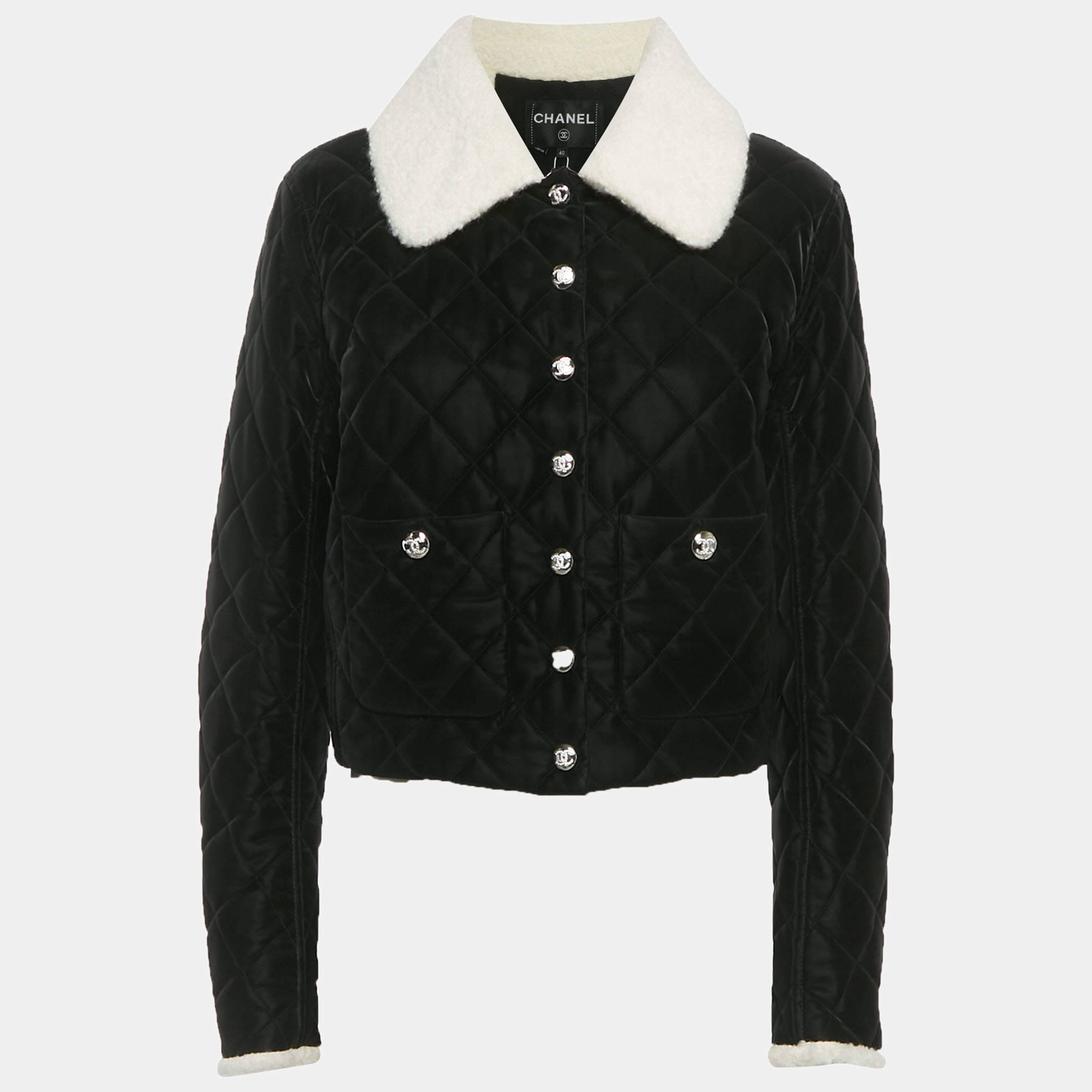 Pre Owned Chanel Black Faux Shearling Satin Finish Quilted Jacket M