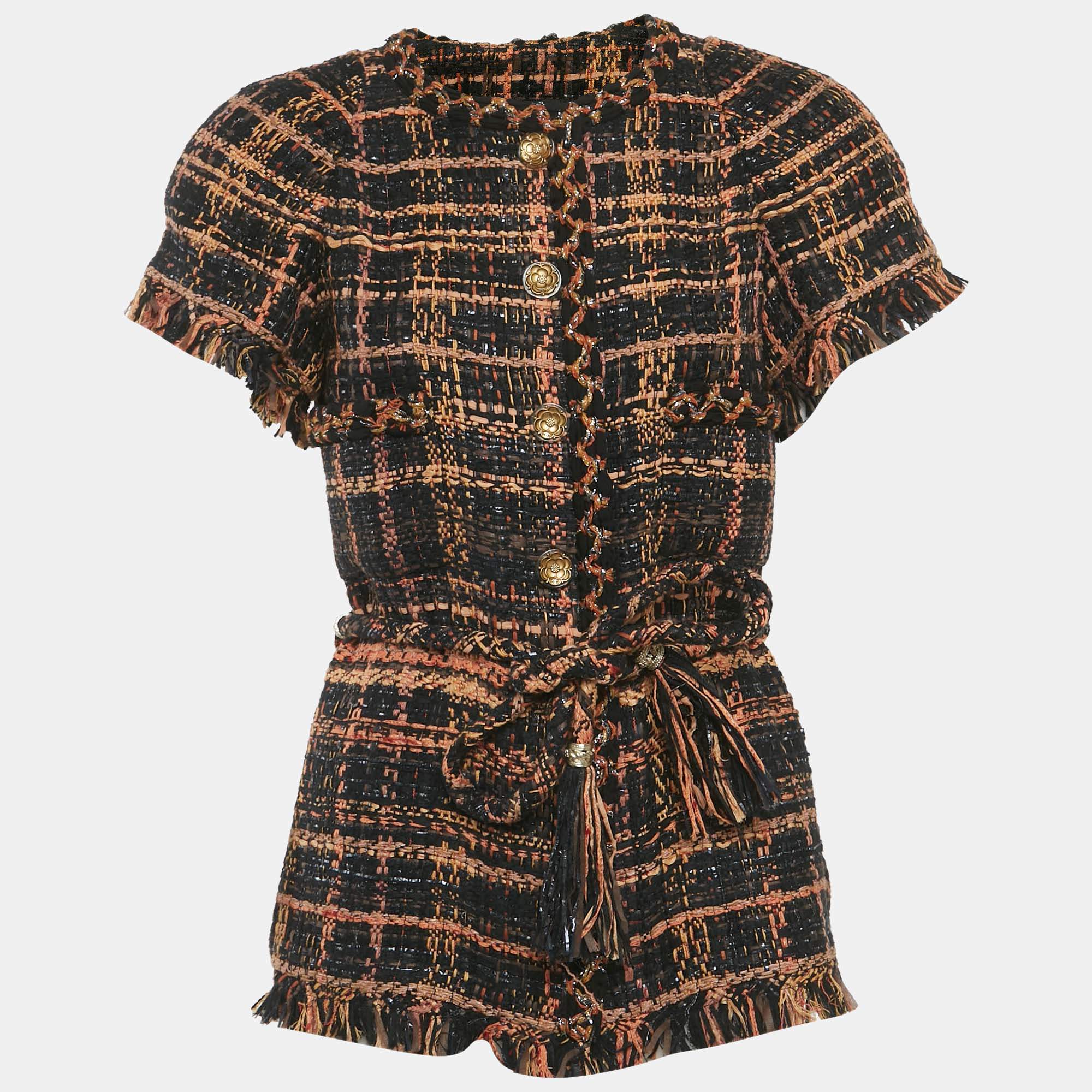 Pre Owned جاكيت شانيل شريط أسود / بني تويد مقاس متوسط (ميديم)