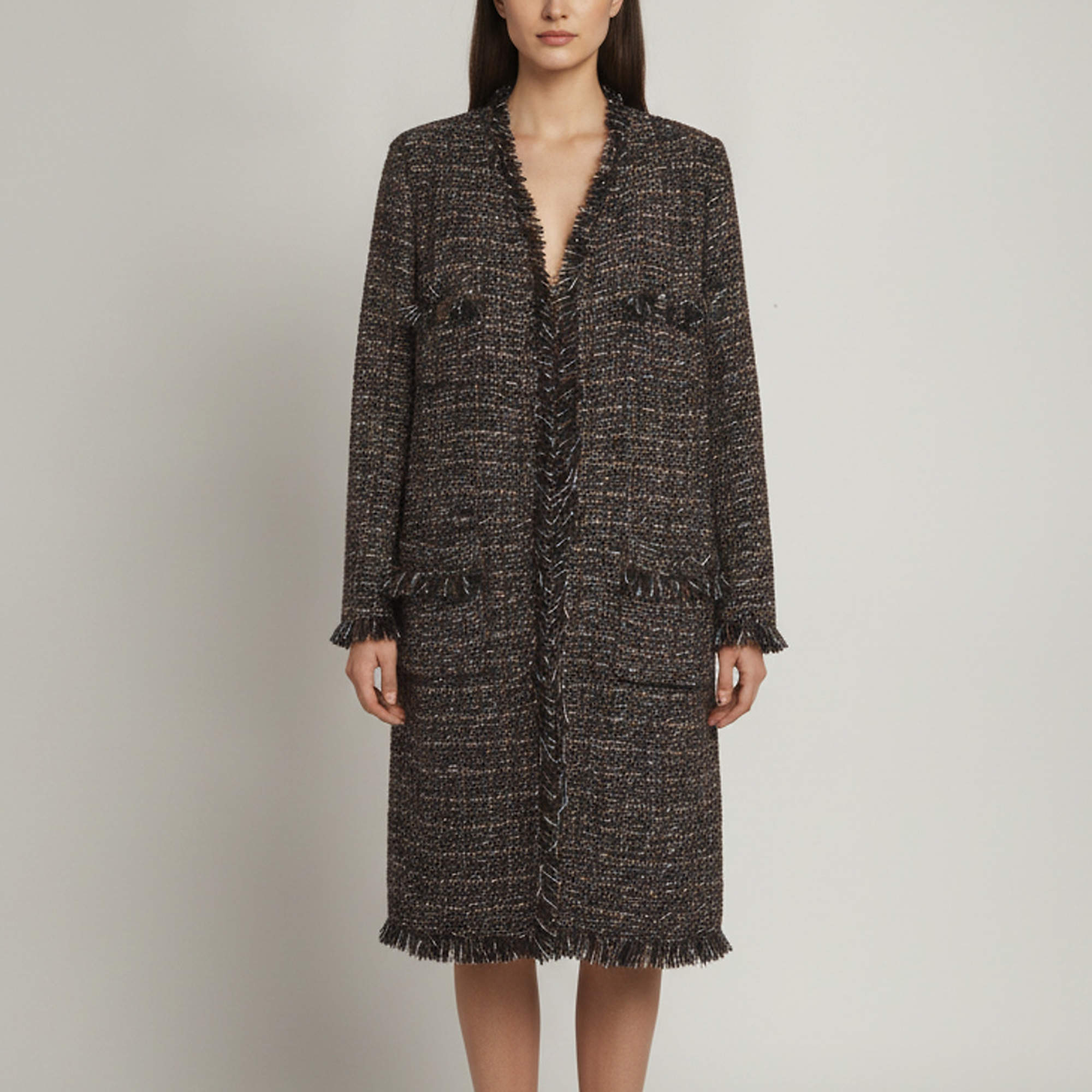 Pre Owned Chanel Multicolor Tweed Fringed Open-Front Coat L  