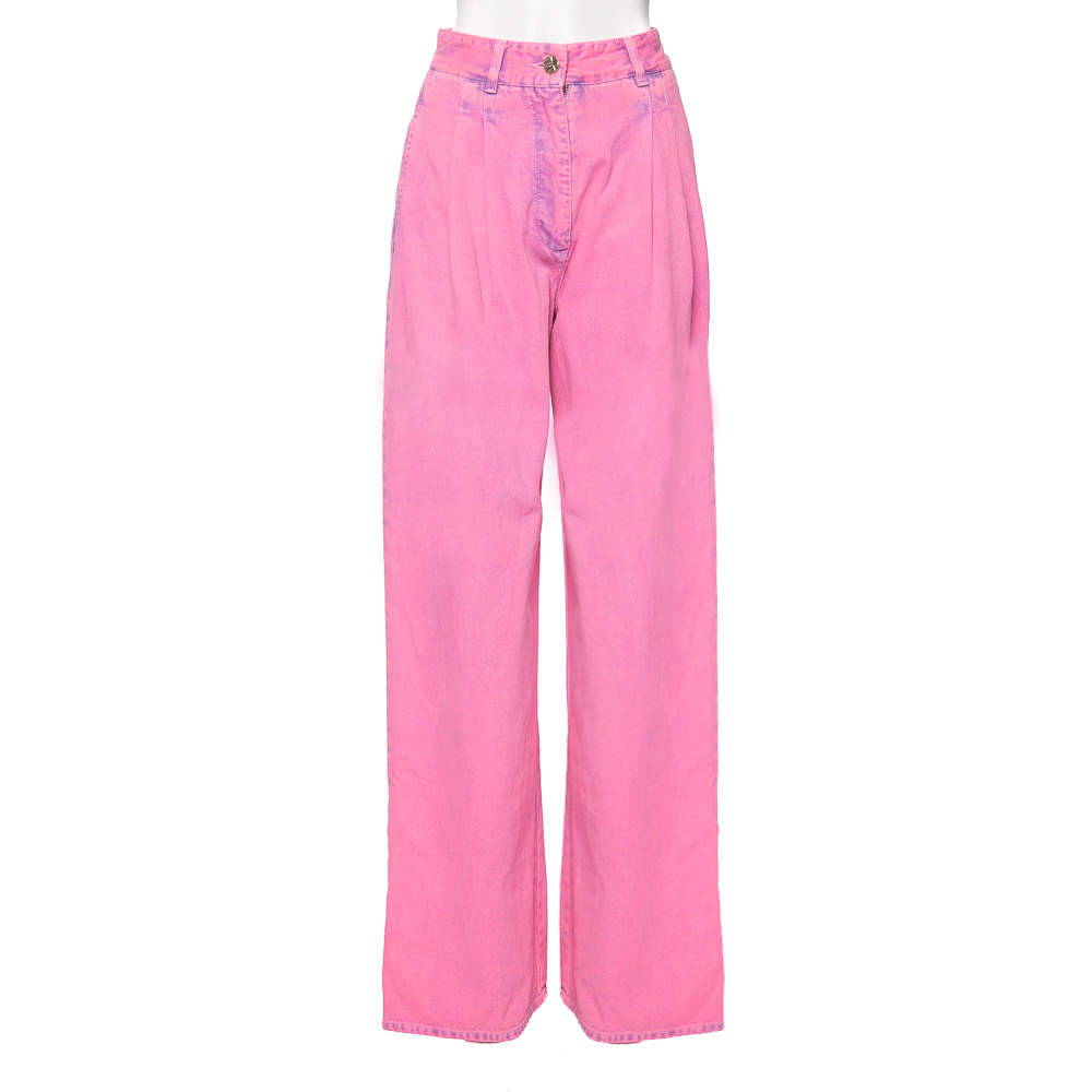 Pre Owned Chanel Neon Pink Denim High Waisted Wide Leg Jeans S