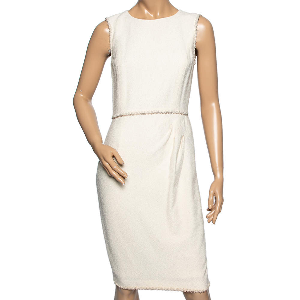 مملوكة مسبقًا Chanel Cream Textured Wool Sleeveless Dress M 