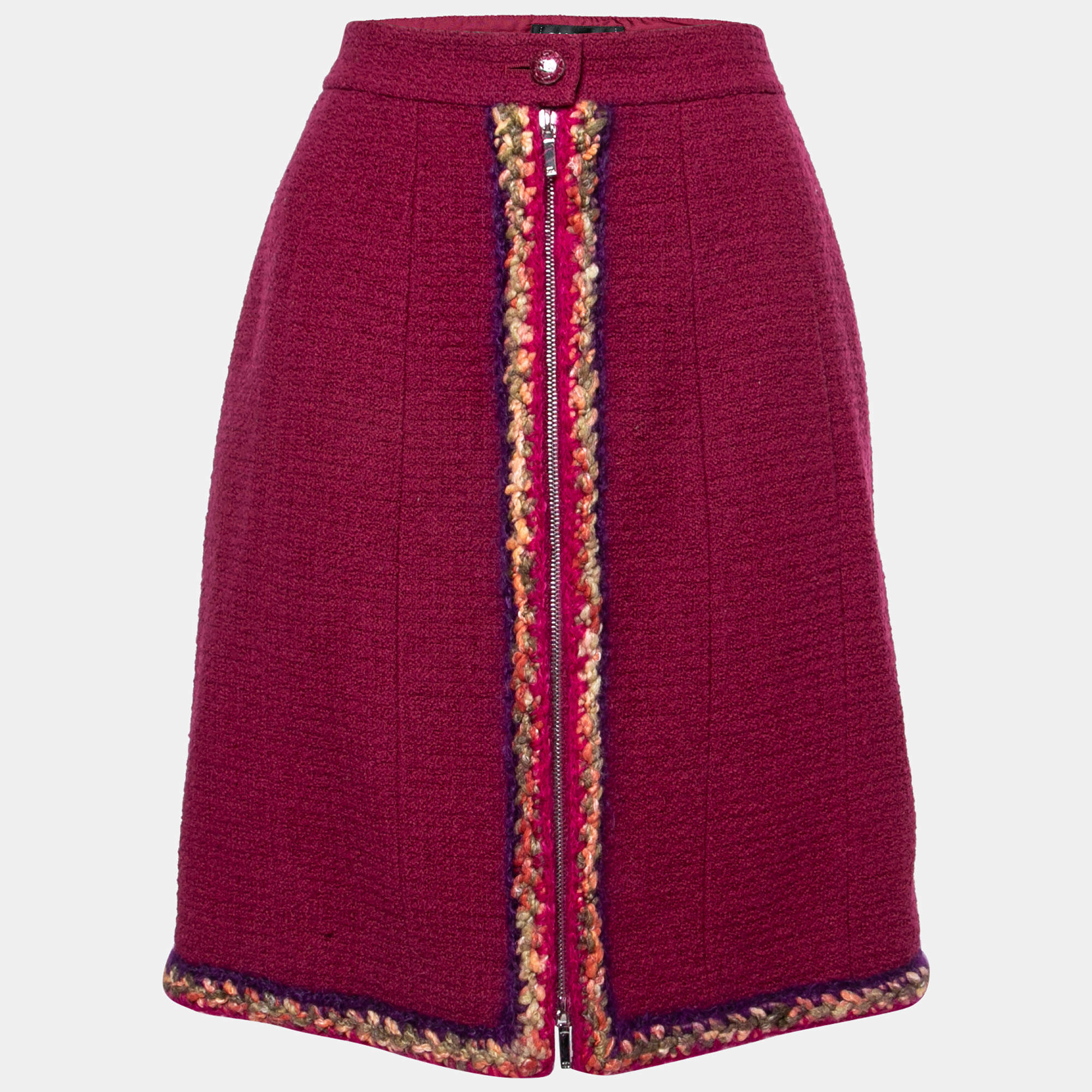 Chanel Burgundy Tweed Braid Trimmed Skirt L