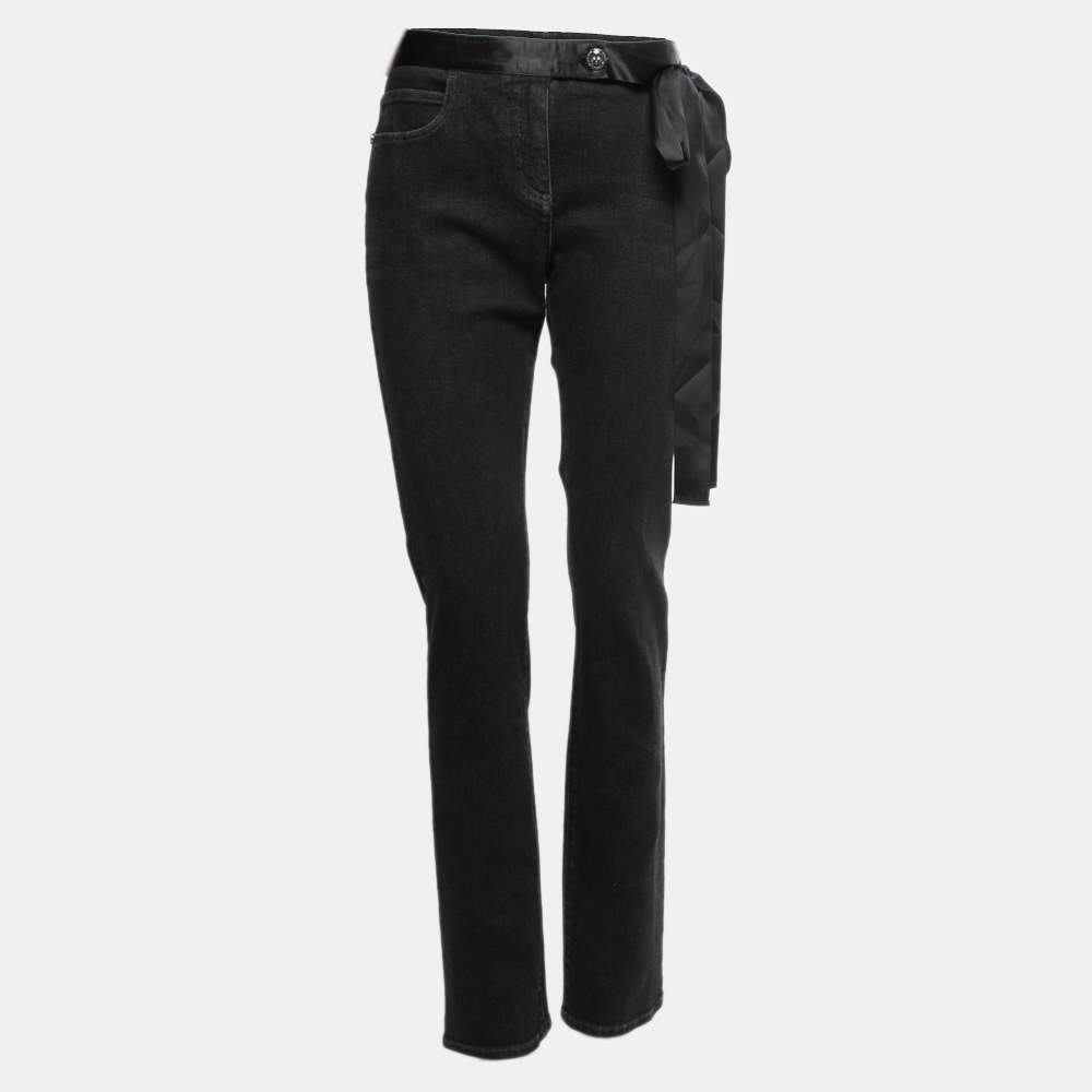 Chanel Black Denim Side-Tie Ribbon Jeans L Waist 33"