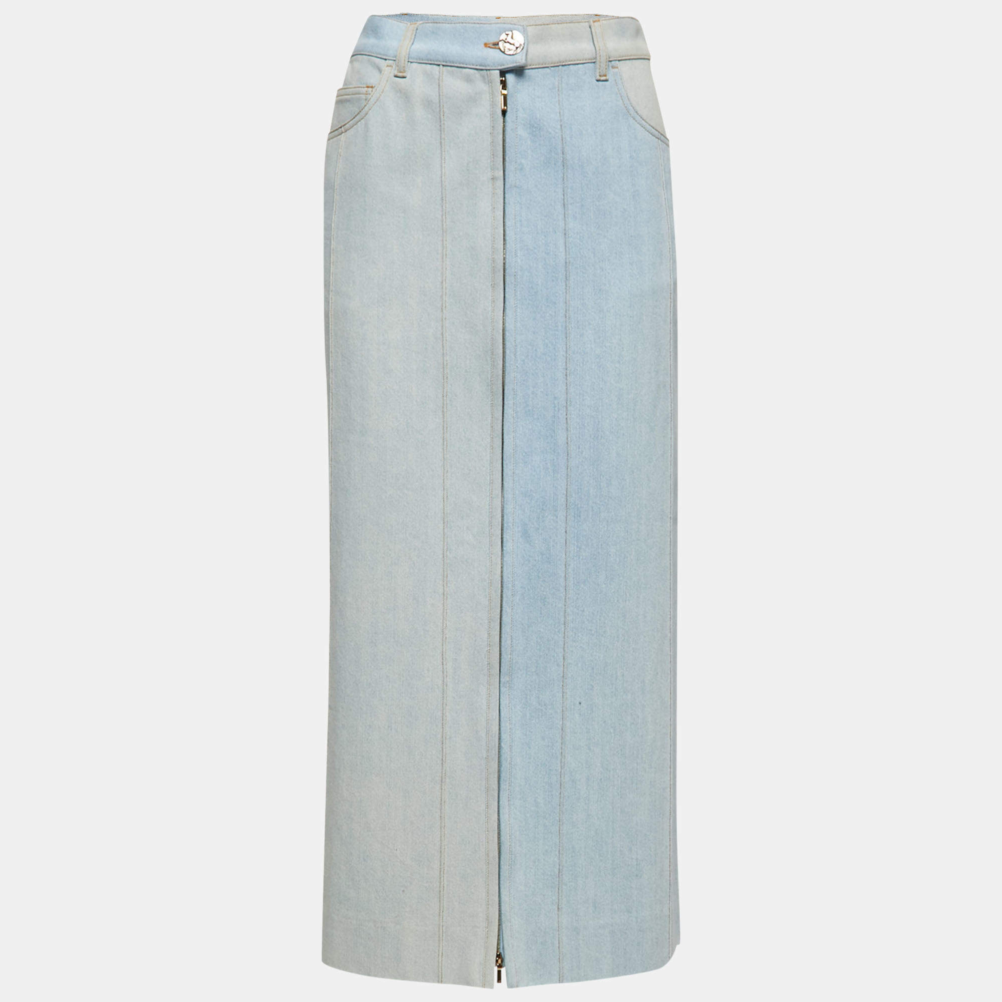 Pre Owned Chanel Light Blue Washed Denim Midi Skirt M