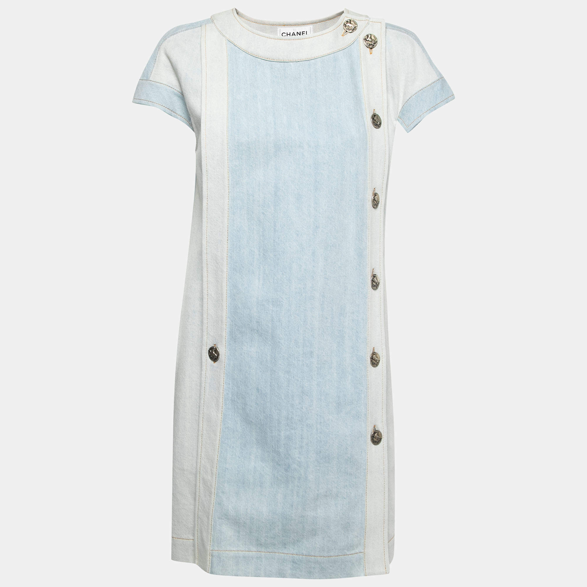 Chanel Light Blue Washed Denim Cap Sleeve Shift Dress M