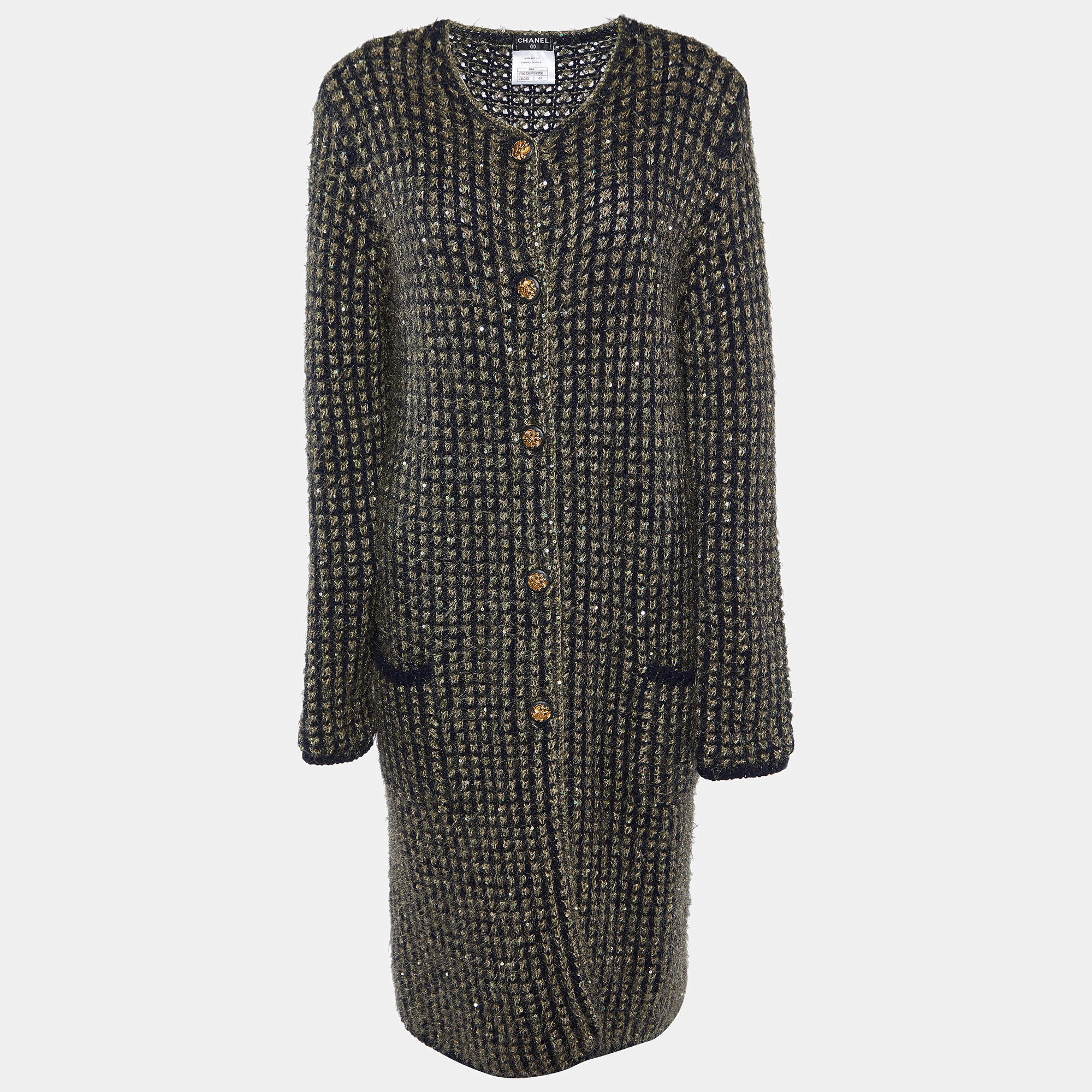 Chanel Black/Metallic Lurex Knit Buttoned Long Cardigan Coat L