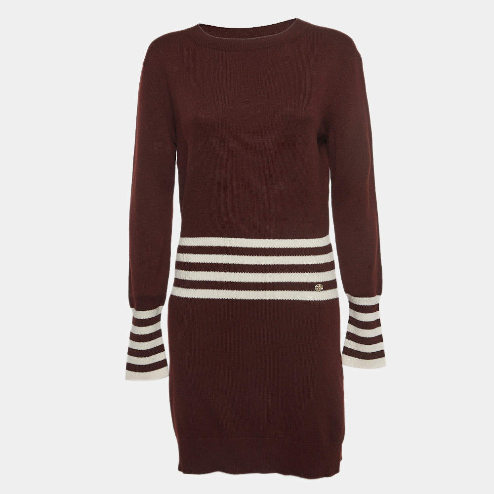 Pre Owned Chanel Burgundy Striped Cashmere Sweater Dress L