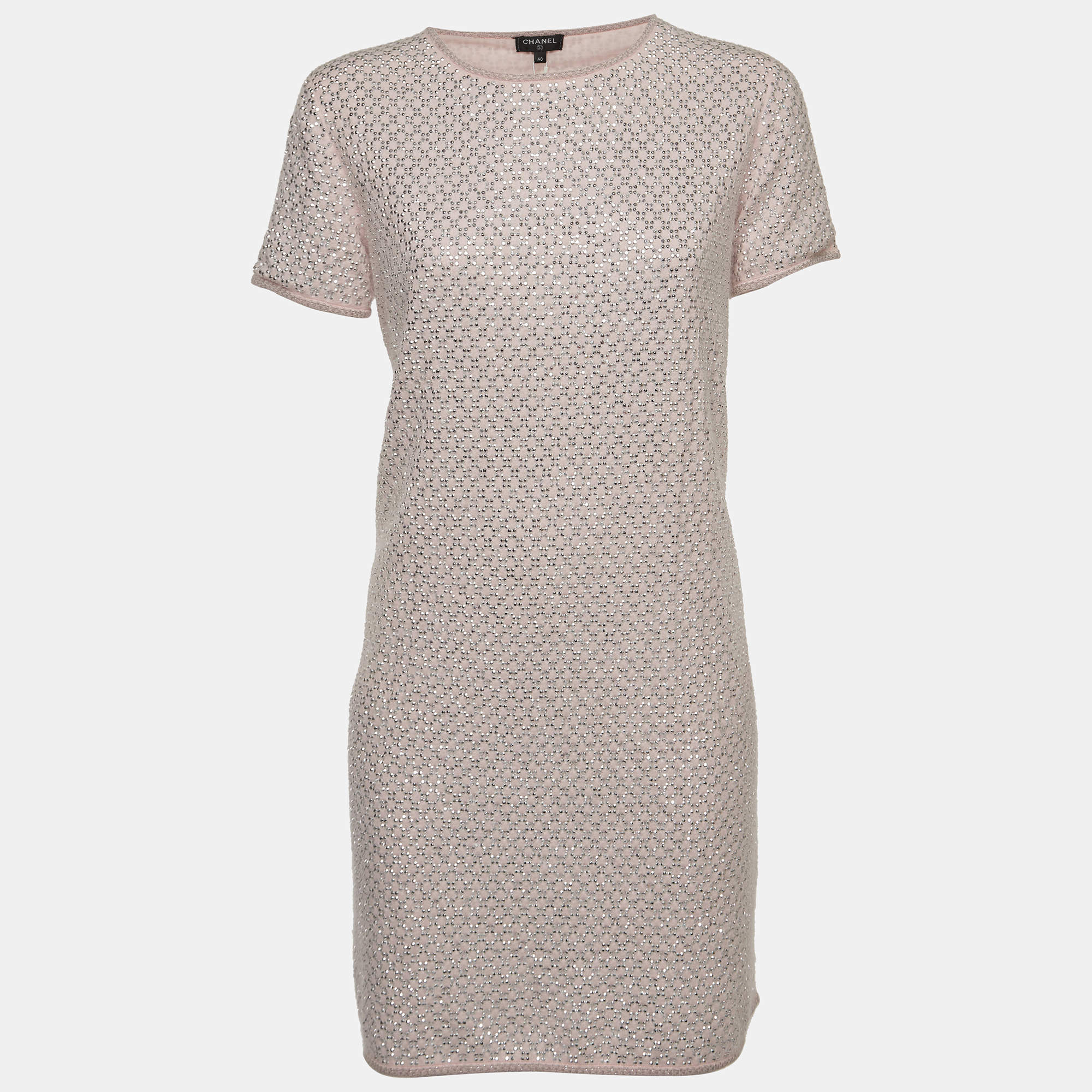 Chanel Pink Rhinestone Embellished Angora Wool Mini Dress M