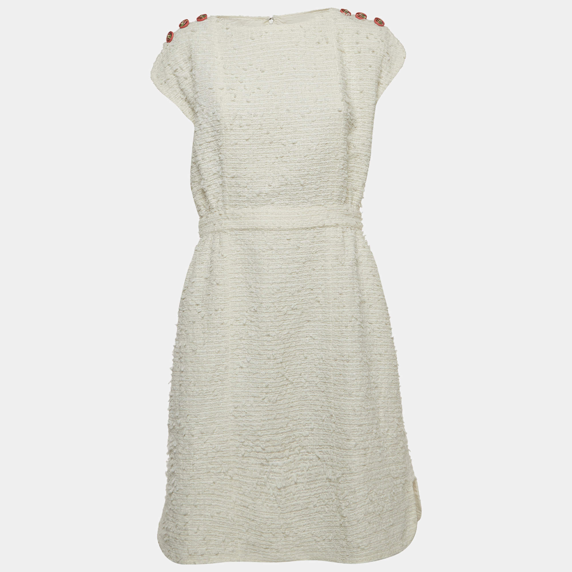 Pre Owned Chanel White Tweed Sleeveless Knee-Length Dress L