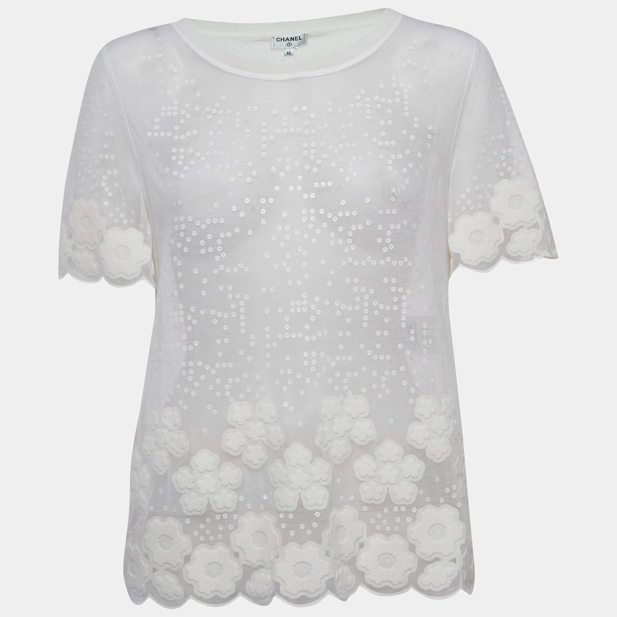 Chanel White Sequin Embroidered Mesh Pullover Top M