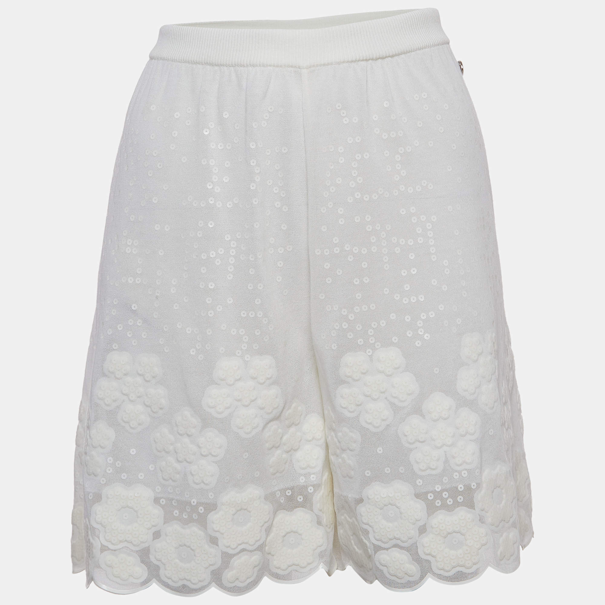Chanel White Sequin Embroidered Mesh Scalloped Shorts L