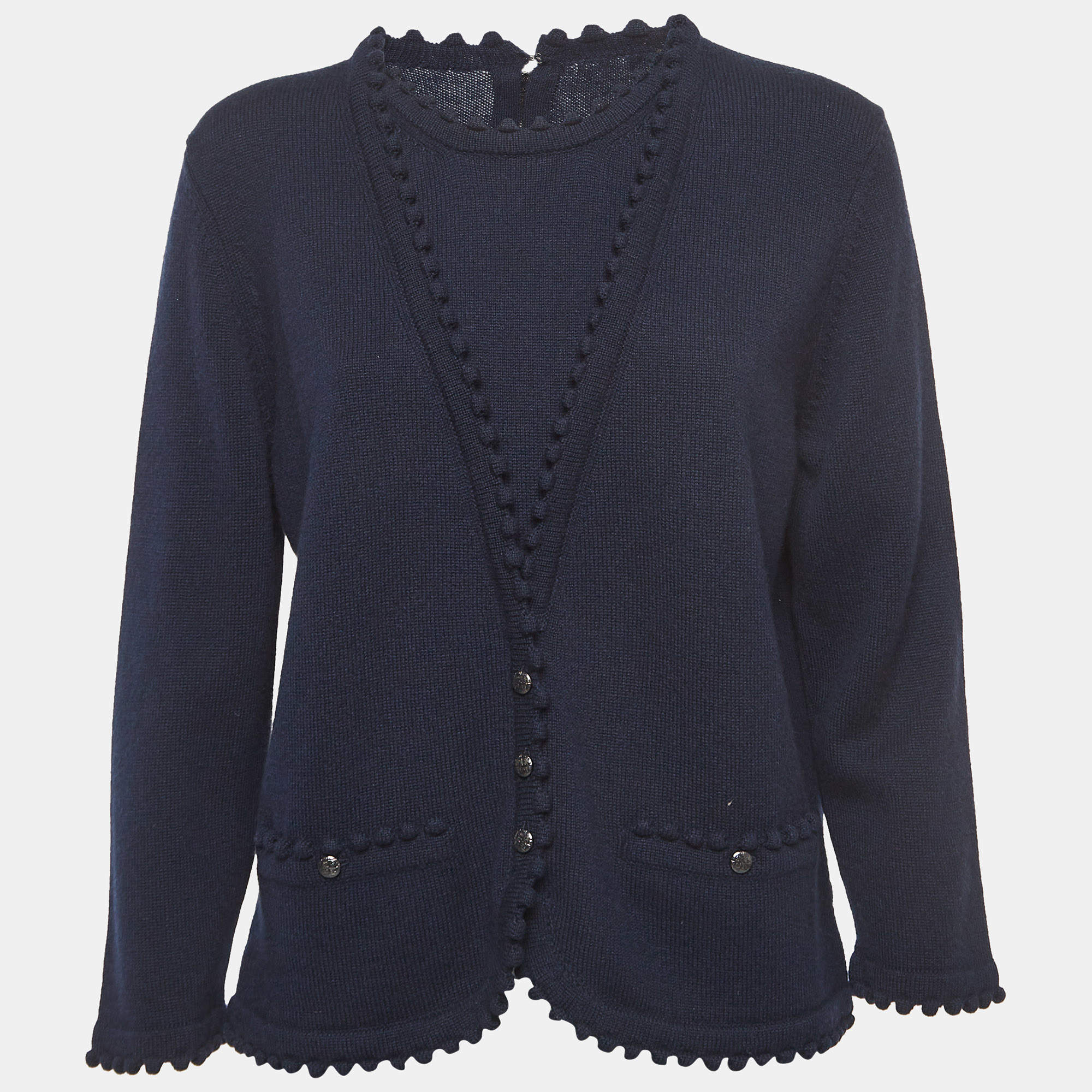 Chanel Navy Blue Cashmere Button Detailed Round Neck Sweater XL