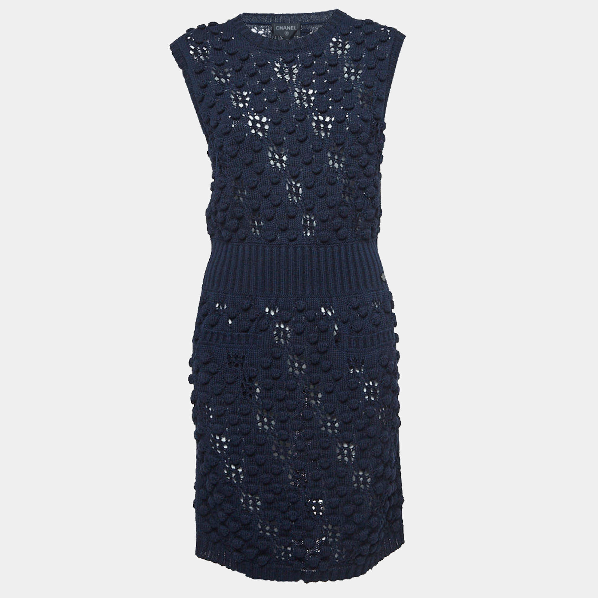 Pre Owned Chanel Navy Blue Cotton Knit Sleeveless Mini Dress L