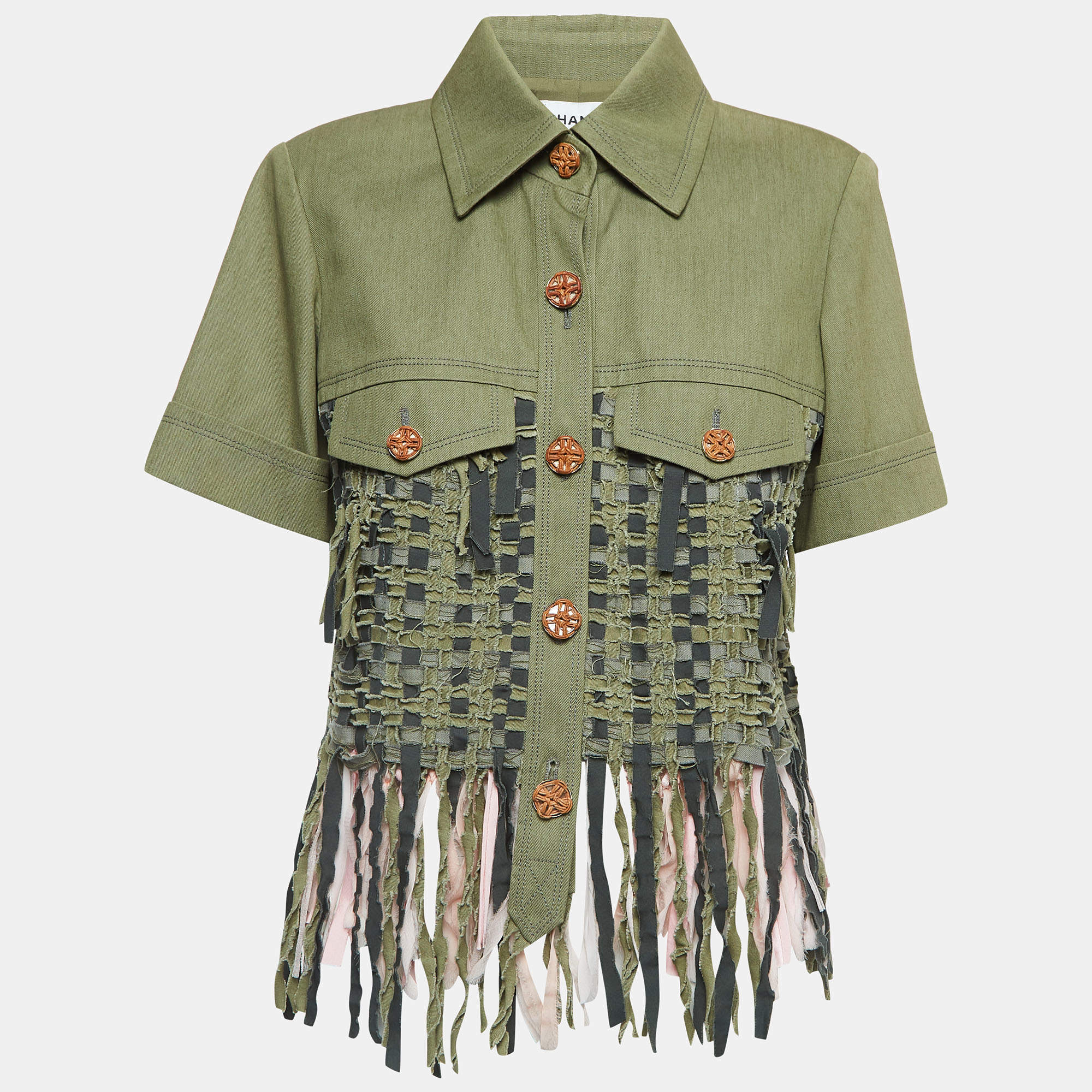 Pre Owned Chanel Green Gabardine Cuba Fringed Short Sleeve Jacket L 