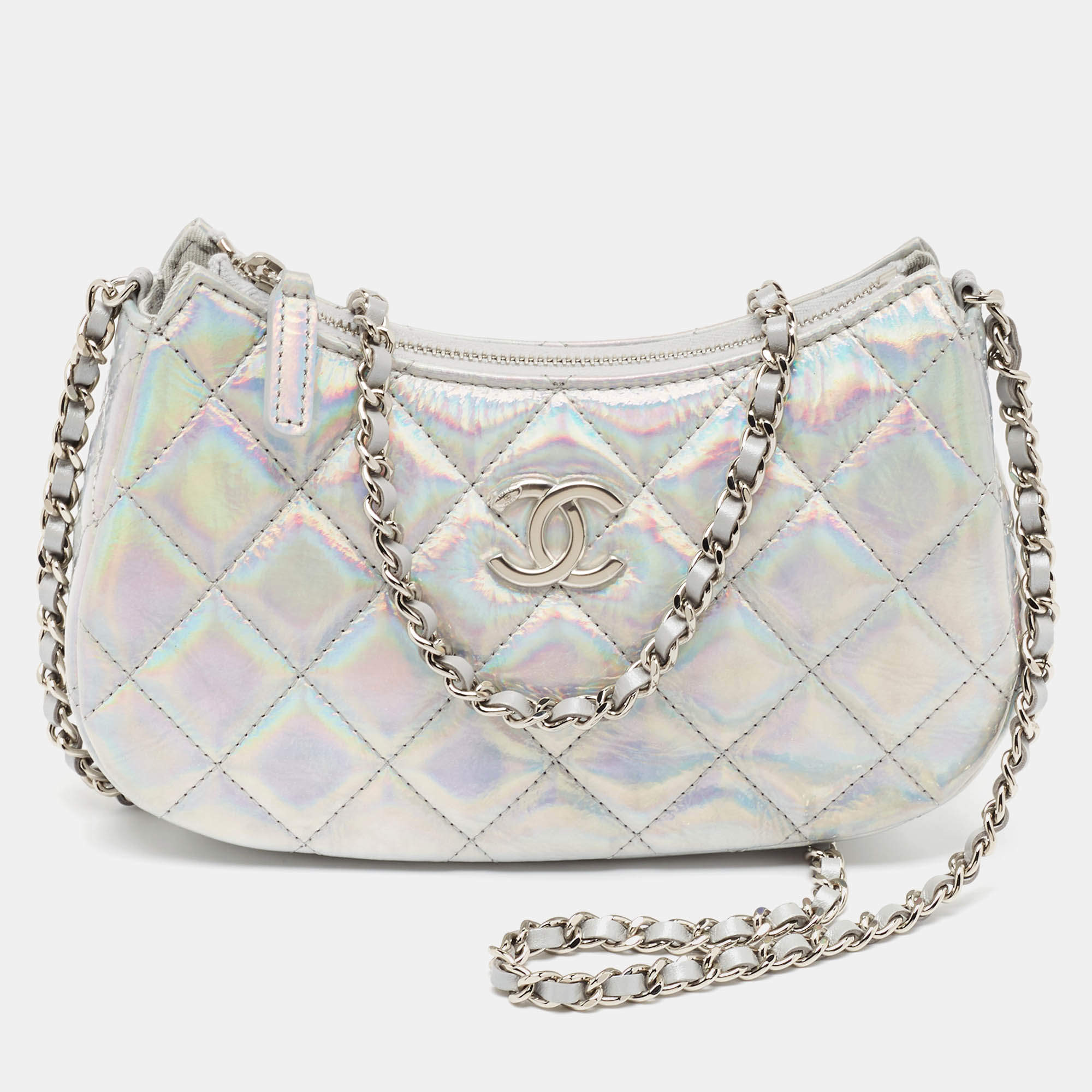 Chanel Silver Iridescent Quilted Patent Leather CC Chain Clutch