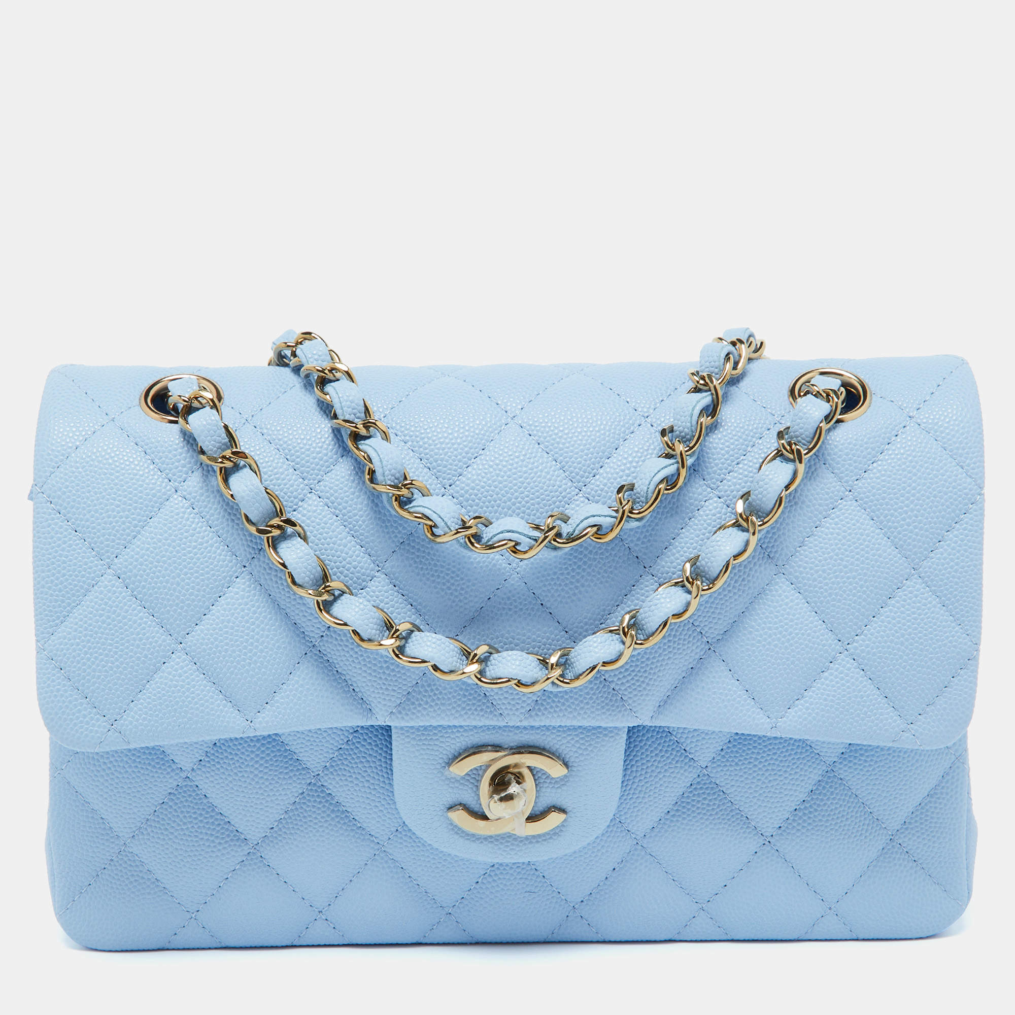 Pre Owned Chanel Blue Quilted Caviar Leather Small Classic Double Flap Bag