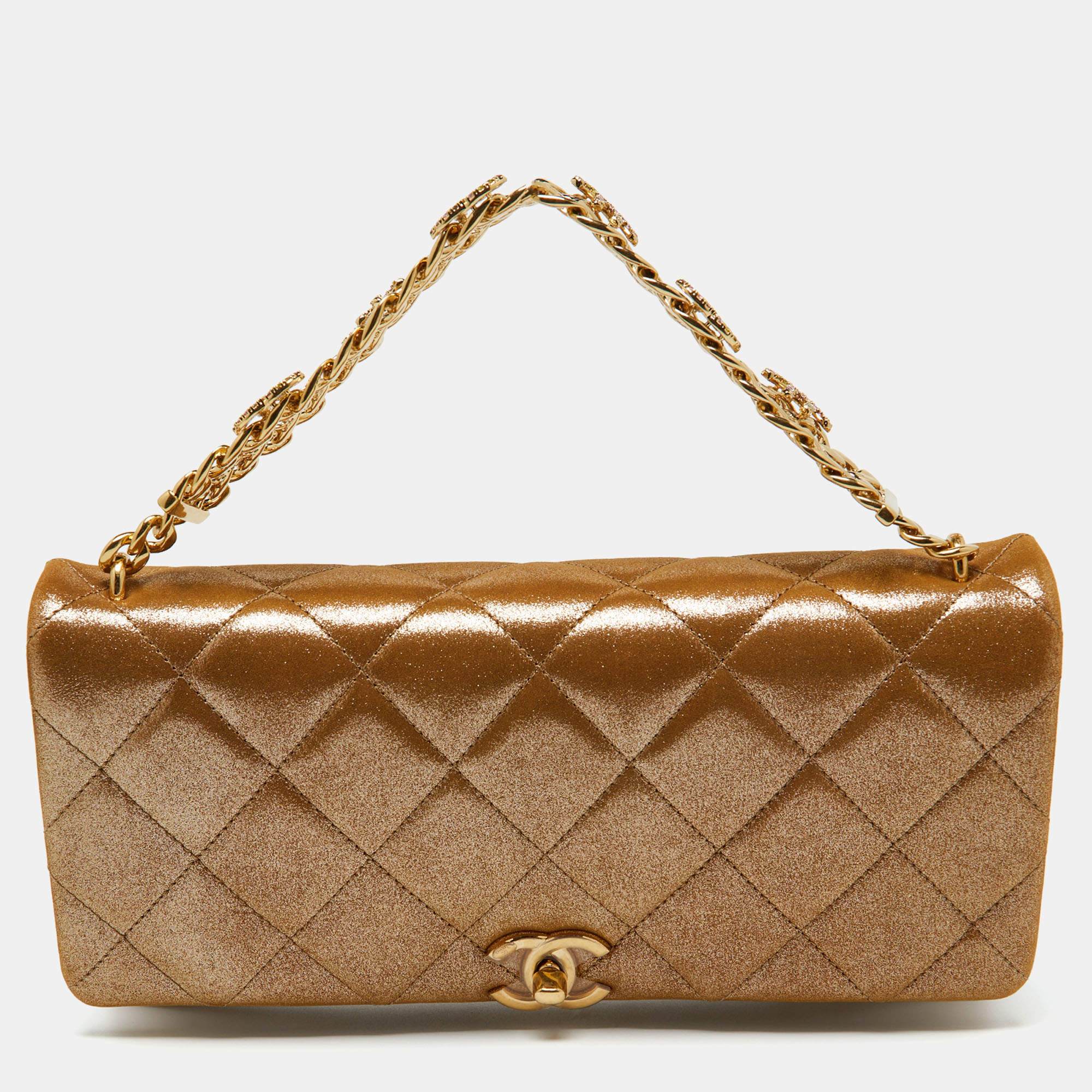 Pre Owned Chanel Gold Iridescent Quilted Leather Flap Chain Bag