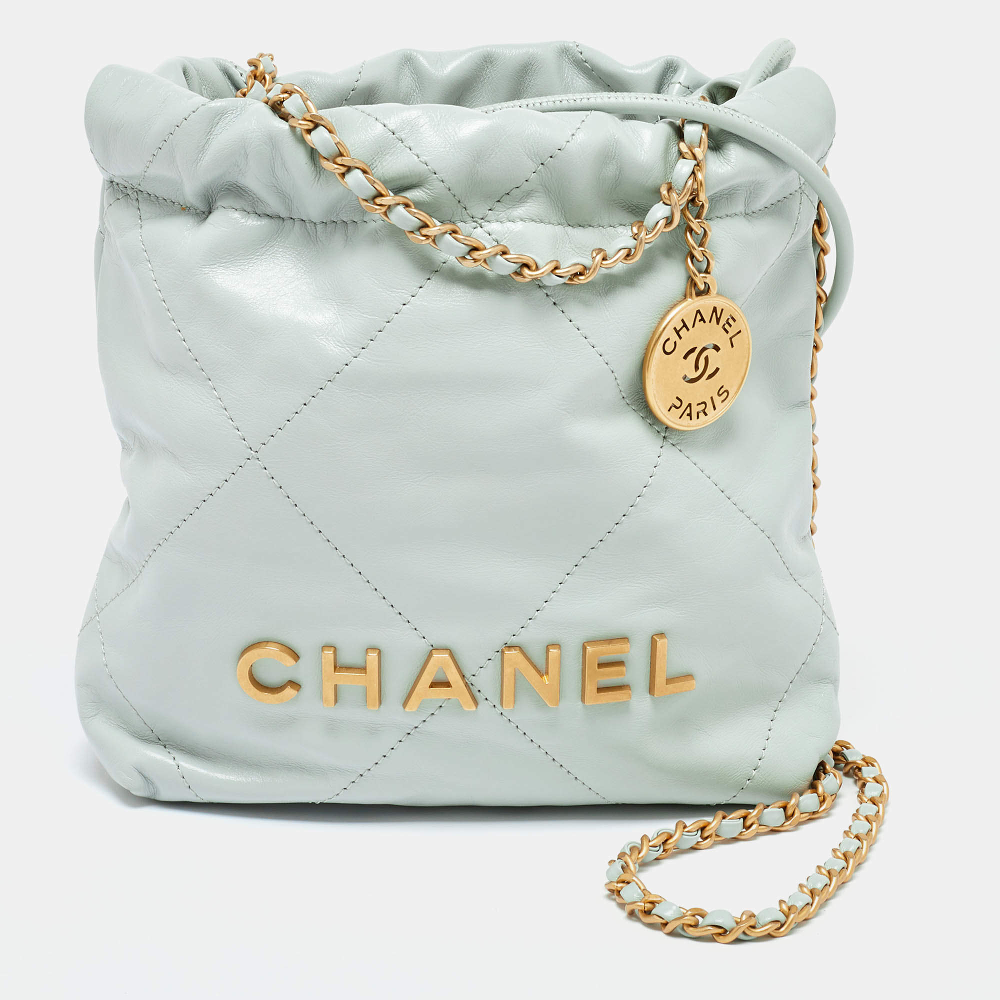 Pre Owned Chanel Light Blue Quilted Leather Mini 22 Chain Bag
