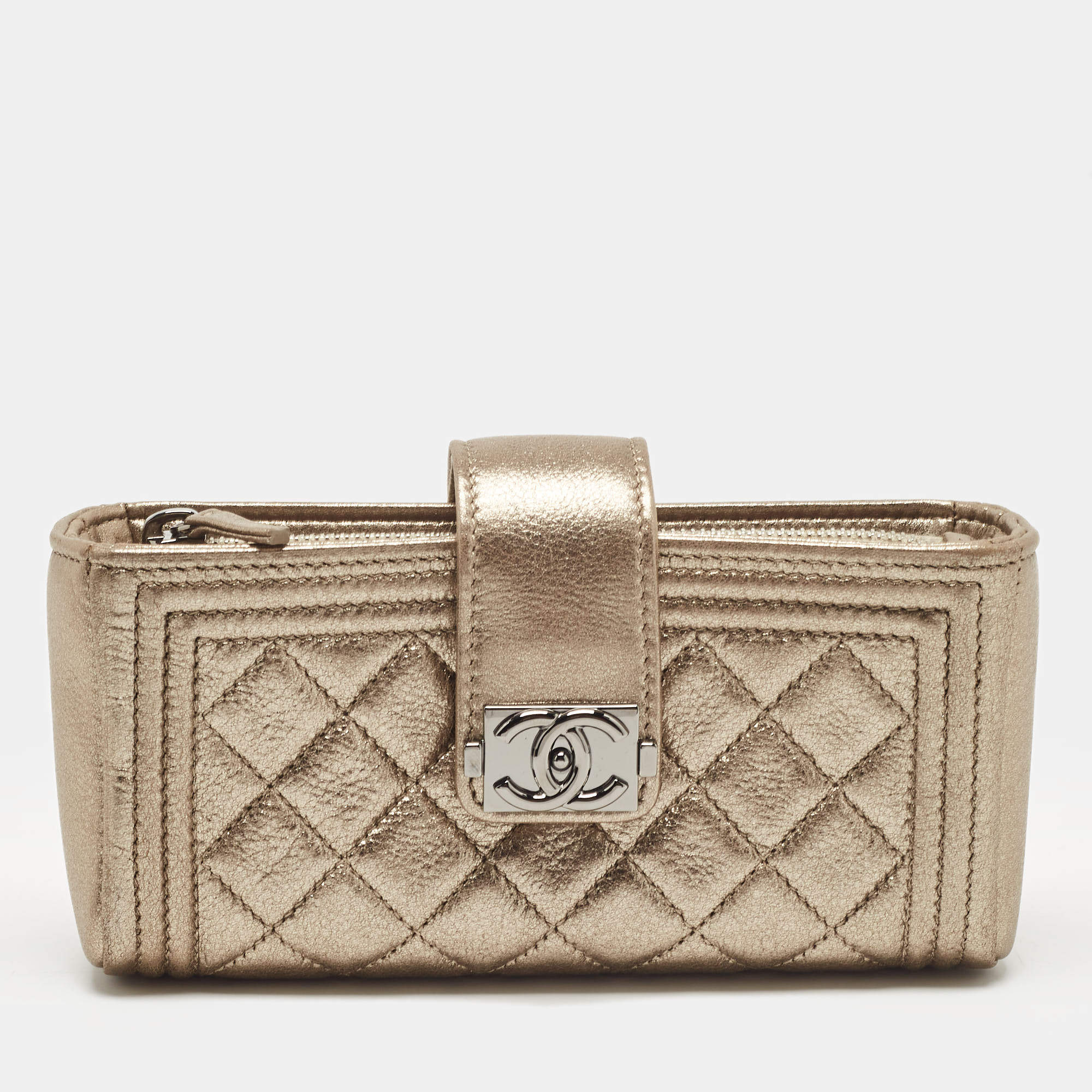 Pre Owned Chanel Gold Quilted Leather Boy Phone Holder Pouch 