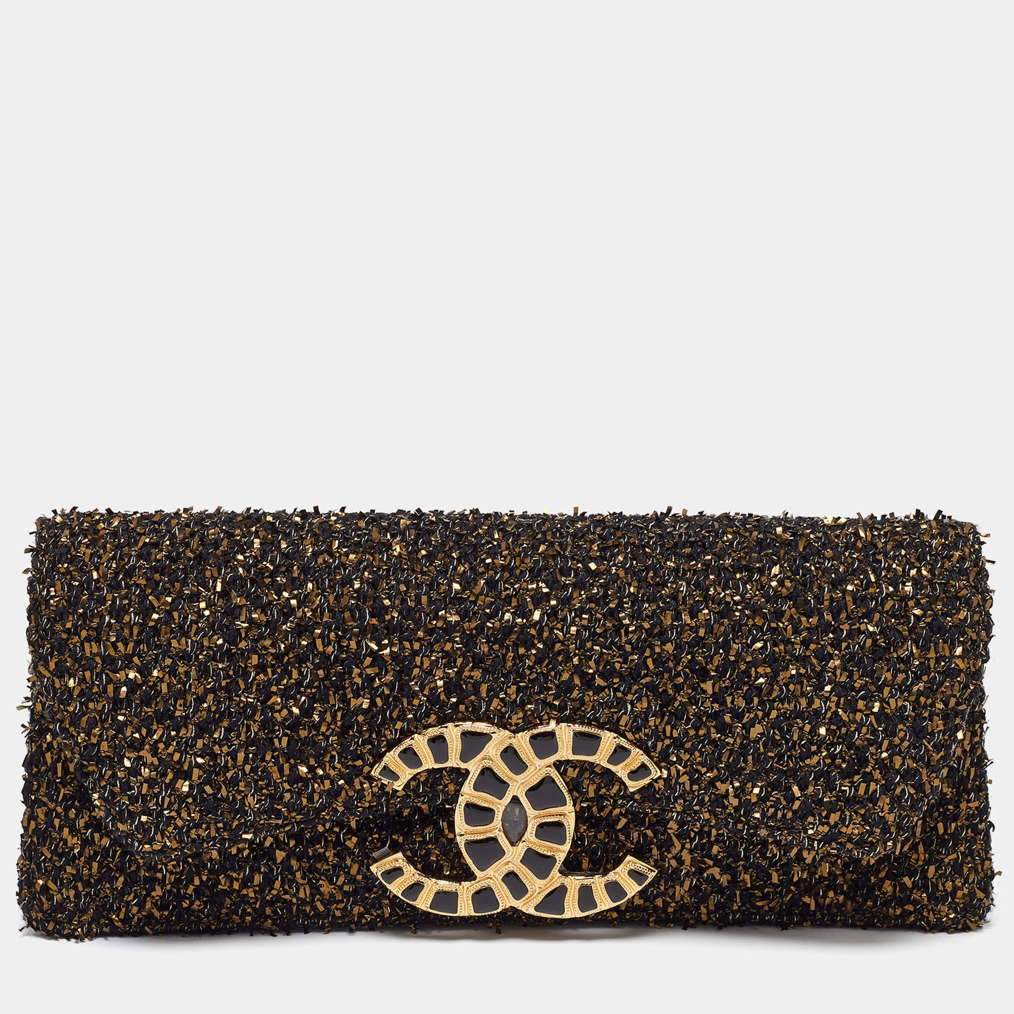 Pre Owned Chanel Black/Gold Tweed Evening Clutch