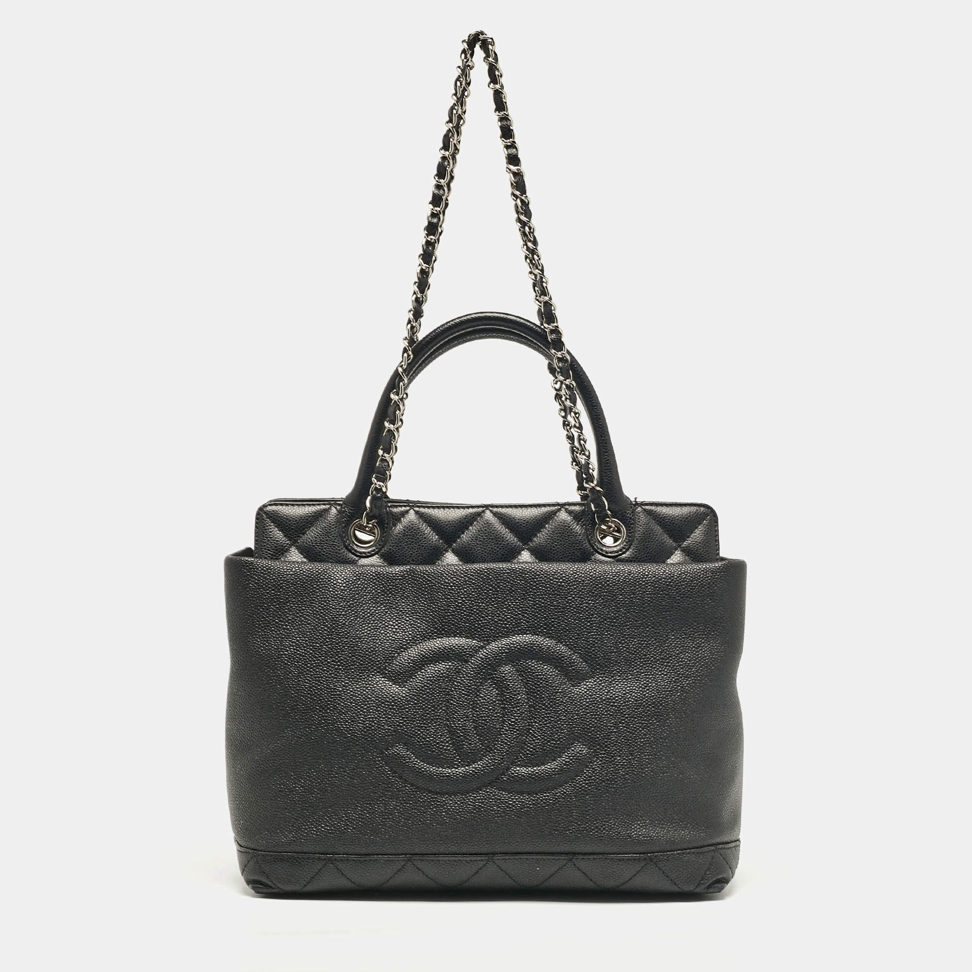 Pre Owned Chanel Black Quilted Caviar Leather CC Chain Tote